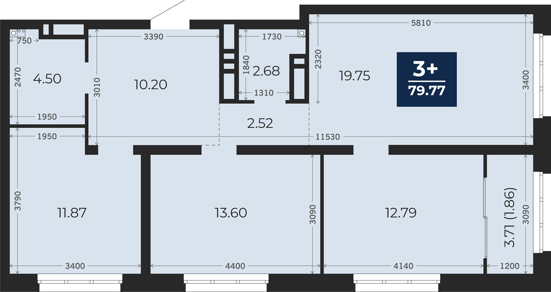 Квартира № 440, 3-комнатная, 79.77 кв. м, 3 этаж