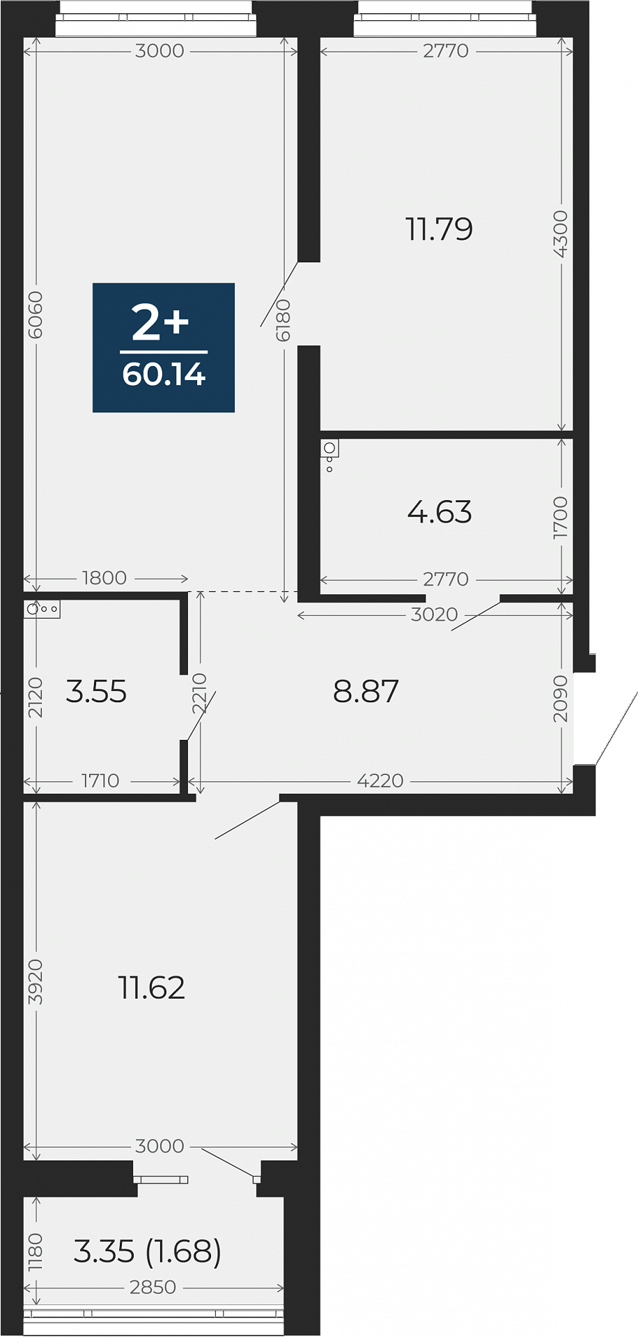 Квартира № 215, 2-комнатная, 60.14 кв. м, 2 этаж