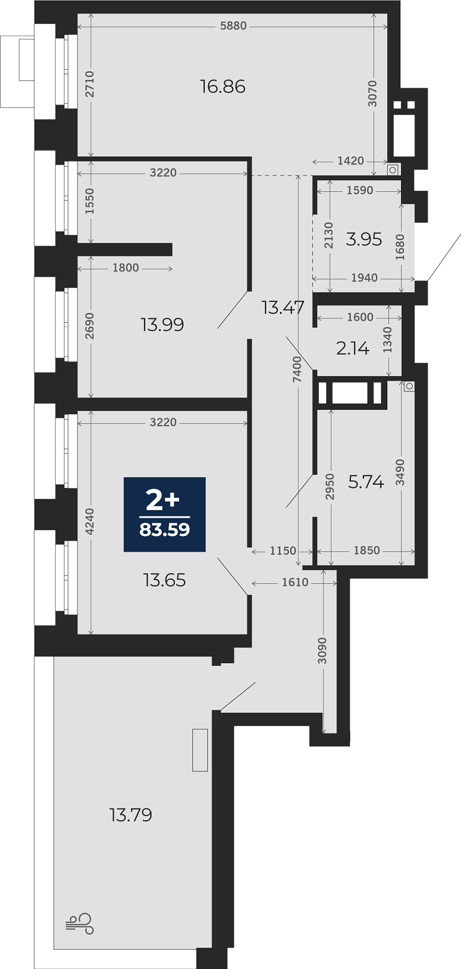Квартира № 204, 2-комнатная, 83.59 кв. м, 22 этаж