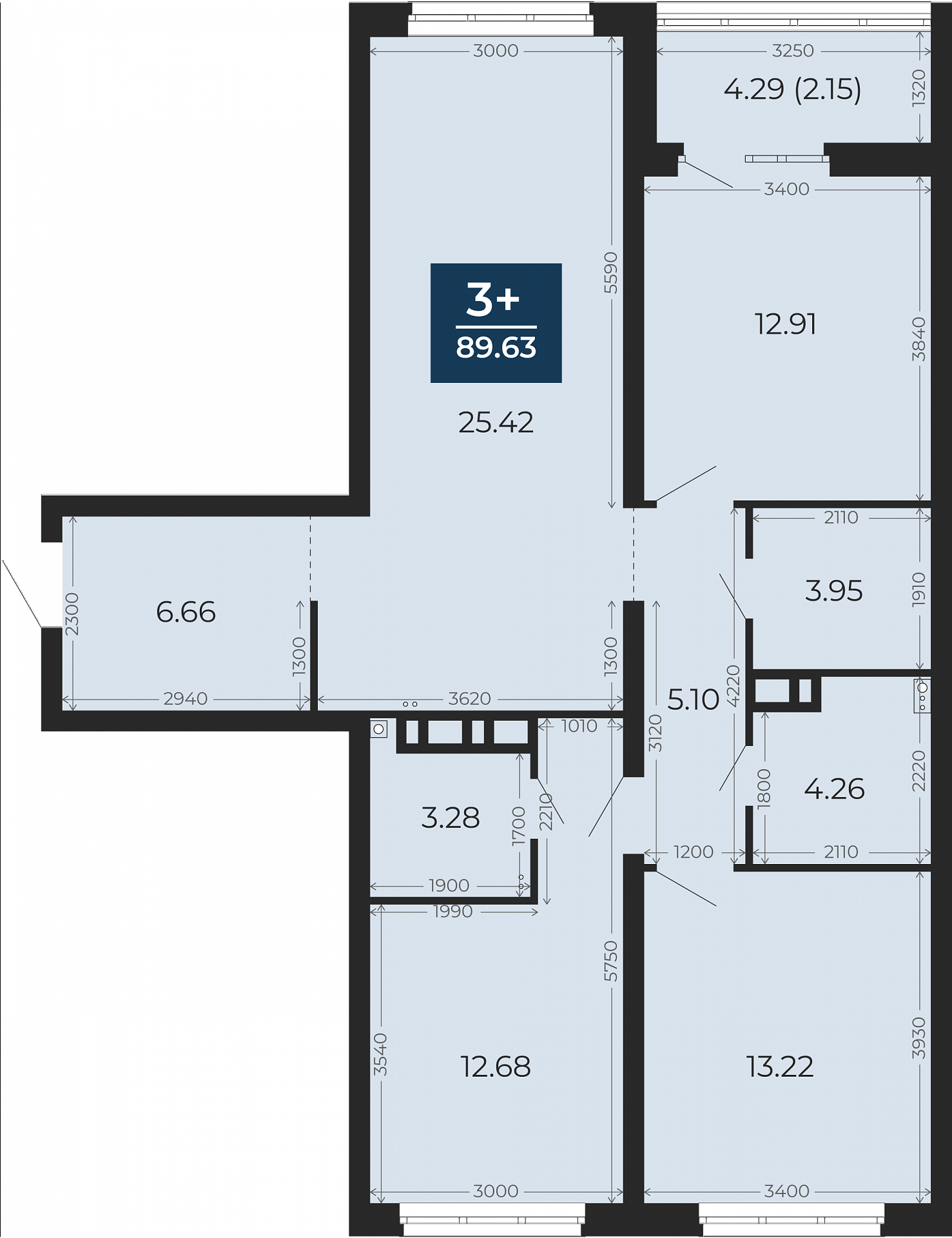 Квартира № 5, 3-комнатная, 89.63 кв. м, 2 этаж
