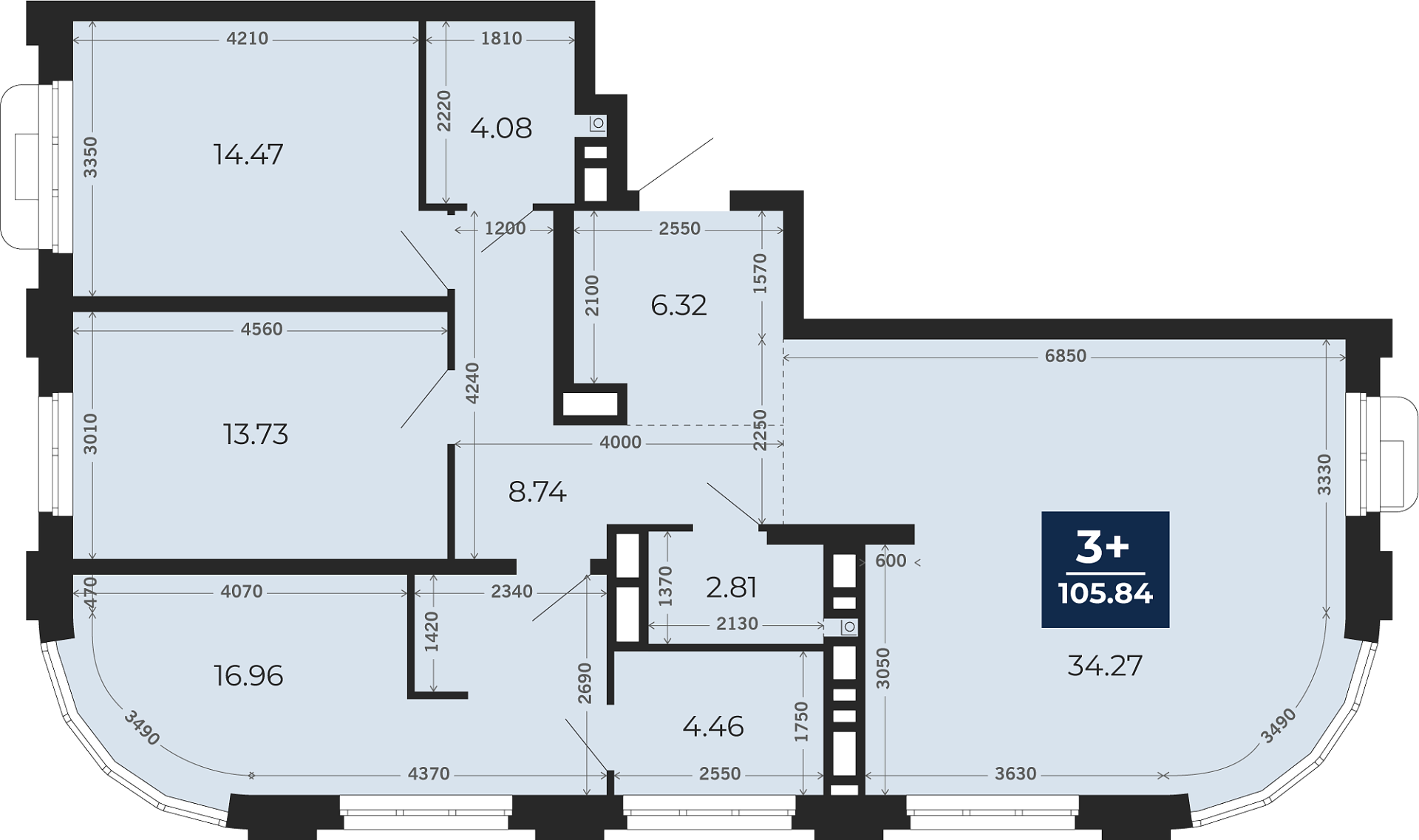 Квартира № 281, 3-комнатная, 105.84 кв. м, 11 этаж