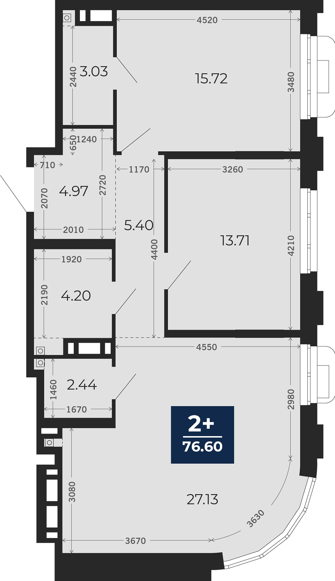 Квартира № 430, 2-комнатная, 76.6 кв. м, 8 этаж