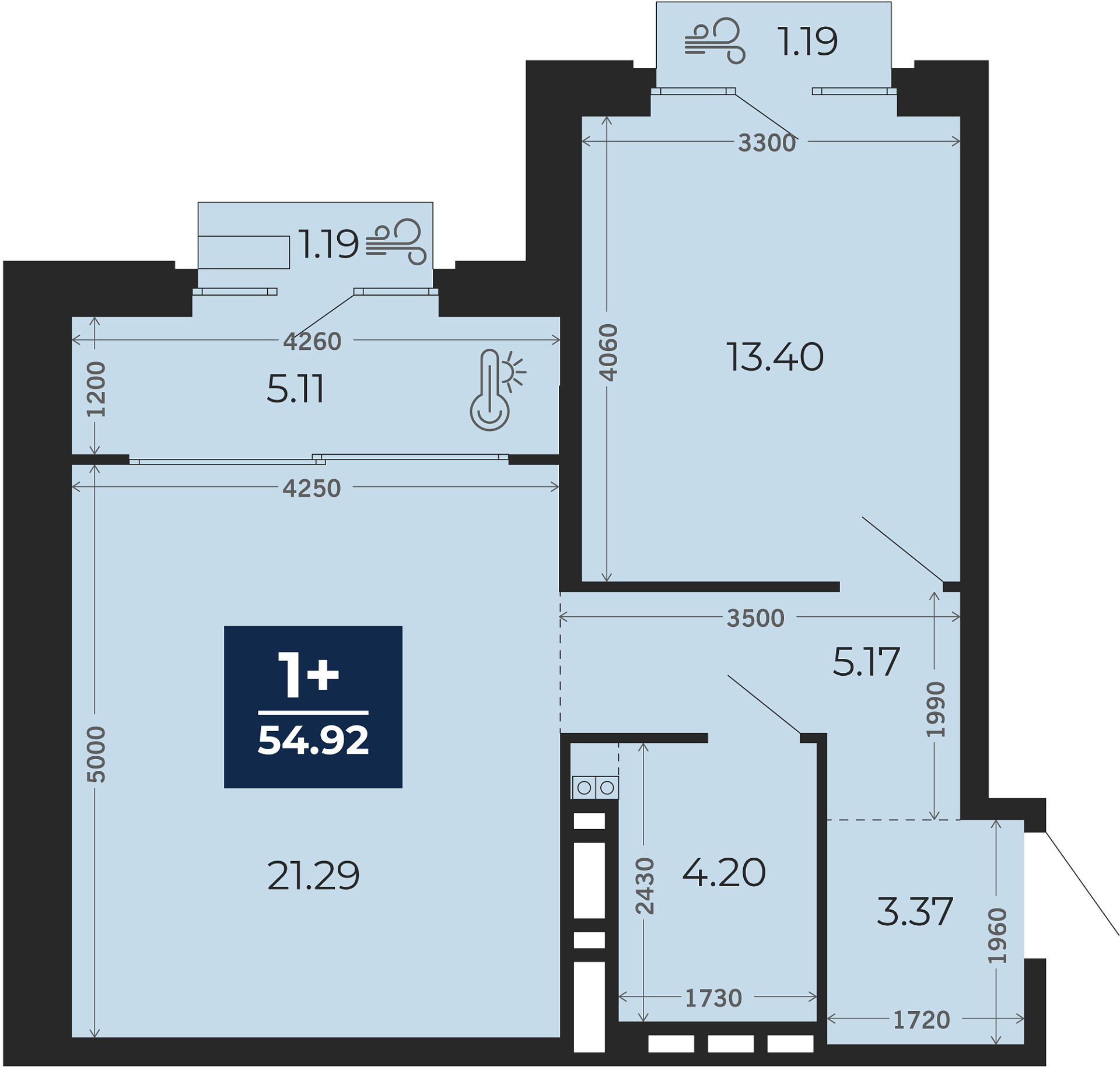 Квартира № 308, 1-комнатная, 54.92 кв. м, 5 этаж