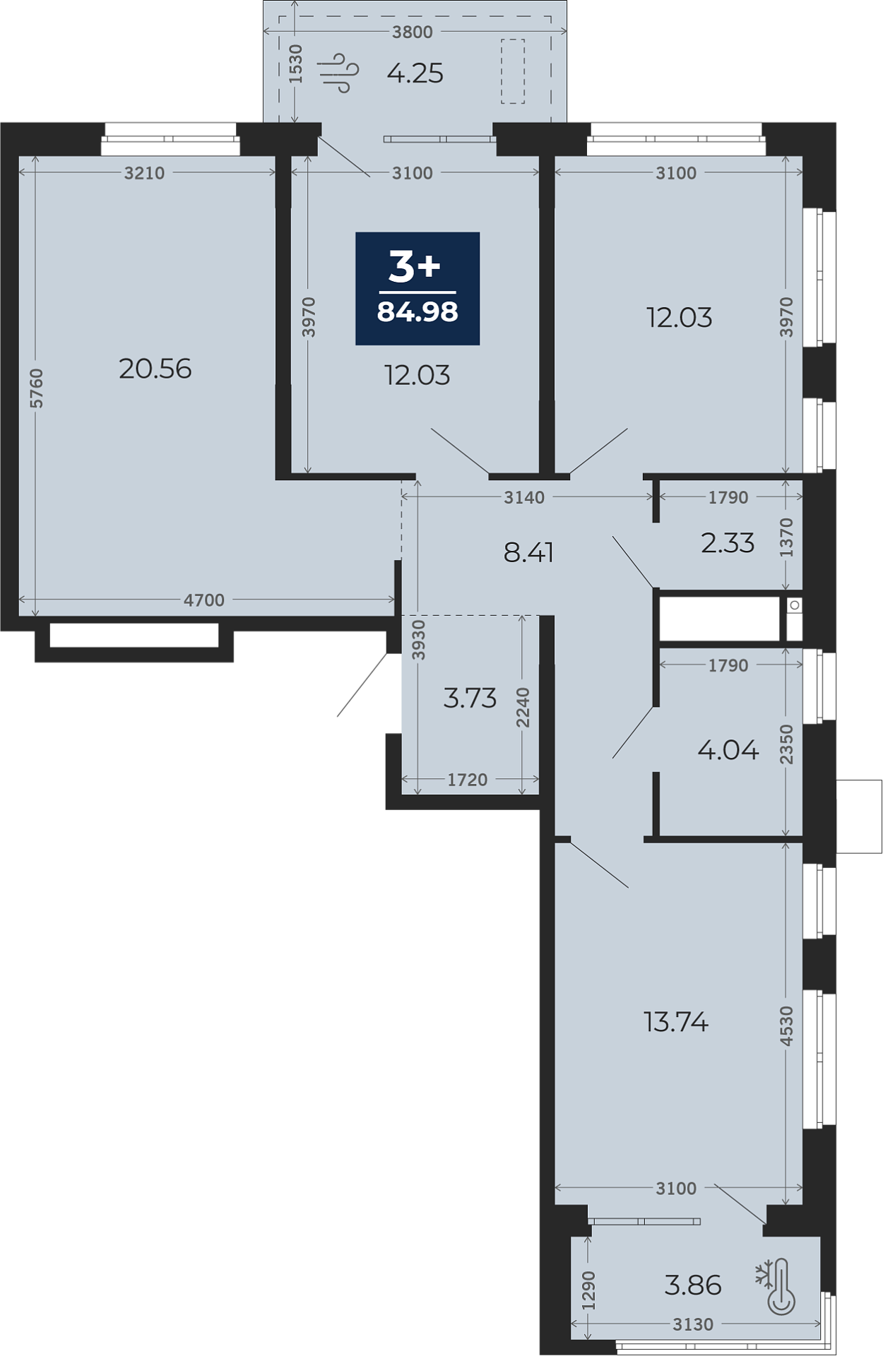 Квартира № 125, 3-комнатная, 84.98 кв. м, 14 этаж