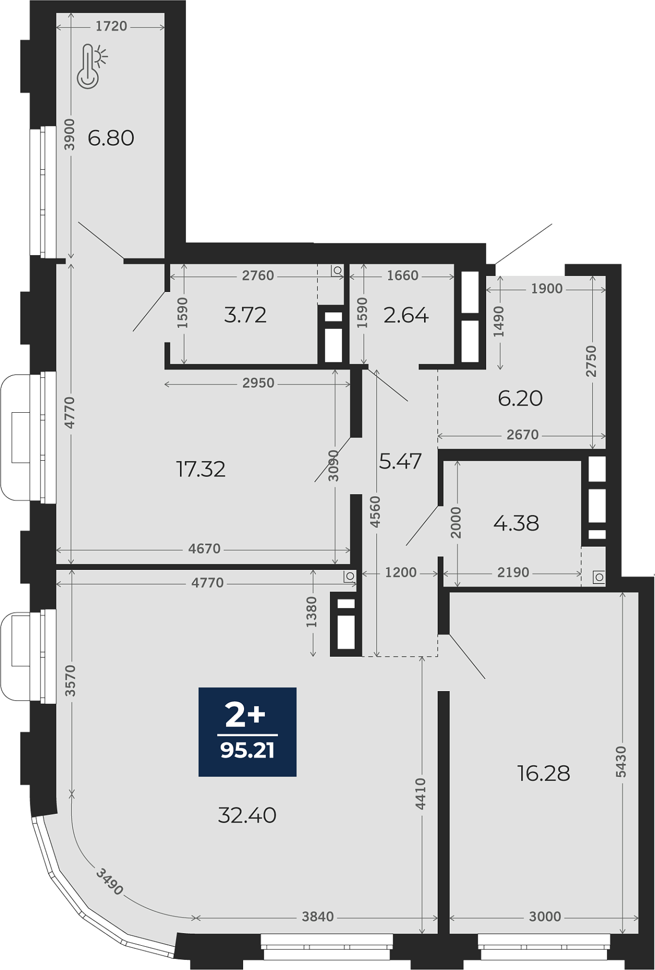 Квартира № 325, 2-комнатная, 95.21 кв. м, 7 этаж