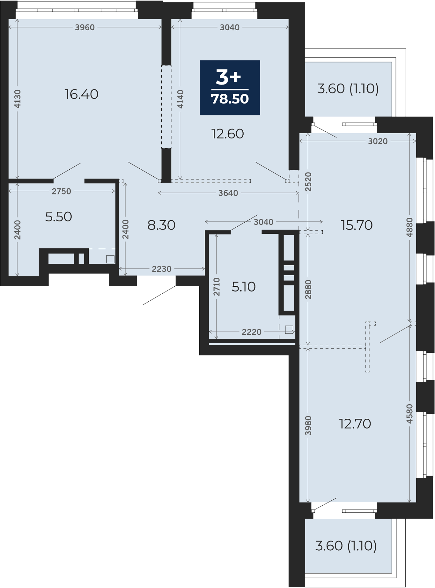 Квартира № 417, 3-комнатная, 78.5 кв. м, 14 этаж