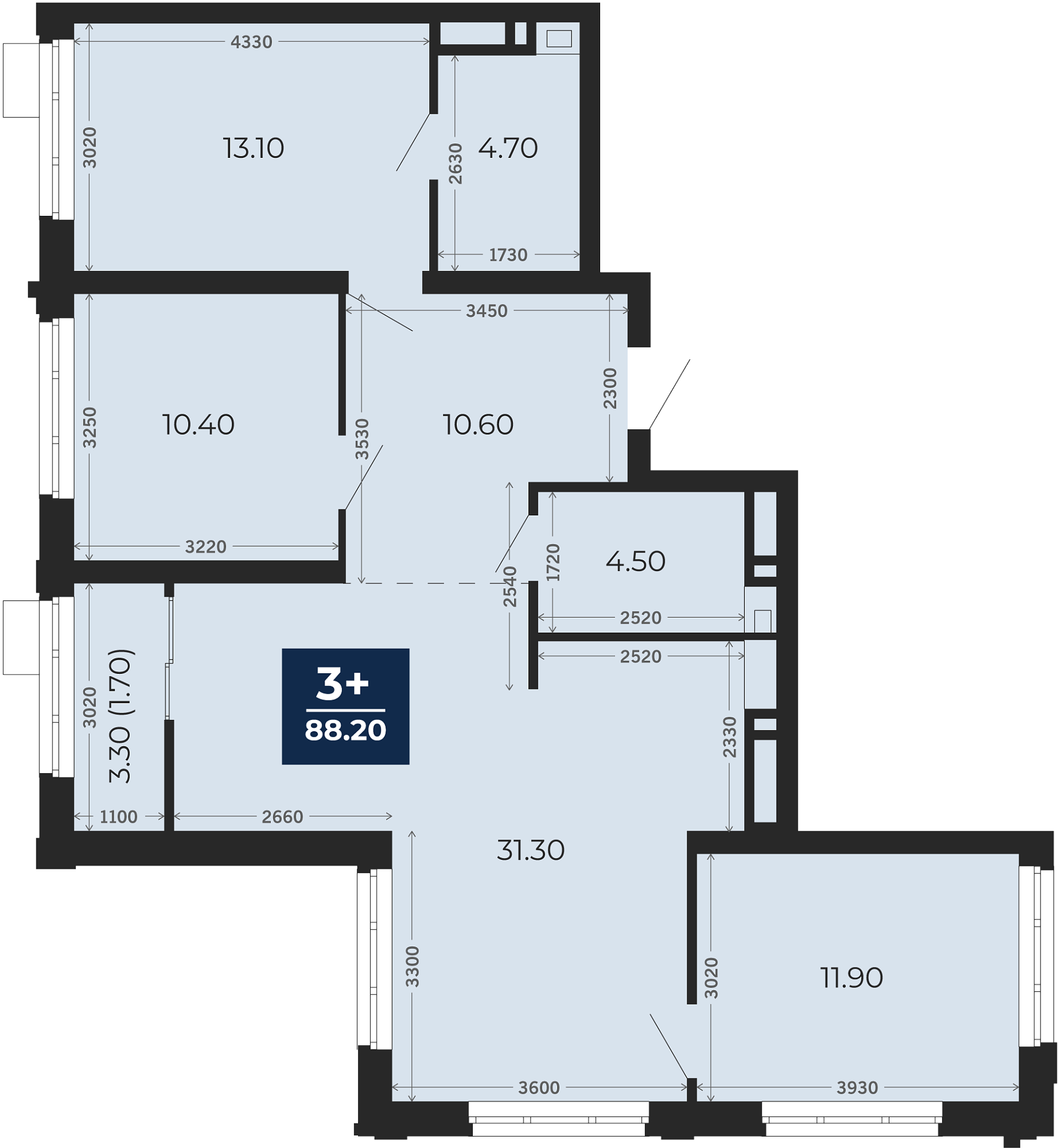 Квартира № 230, 3-комнатная, 88.2 кв. м, 21 этаж