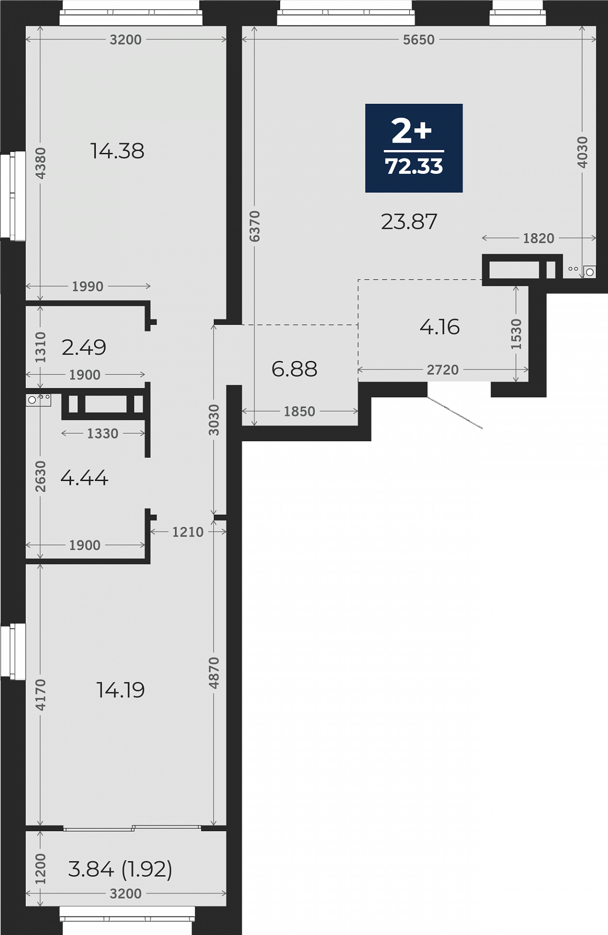 Квартира № 496, 2-комнатная, 72.33 кв. м, 12 этаж