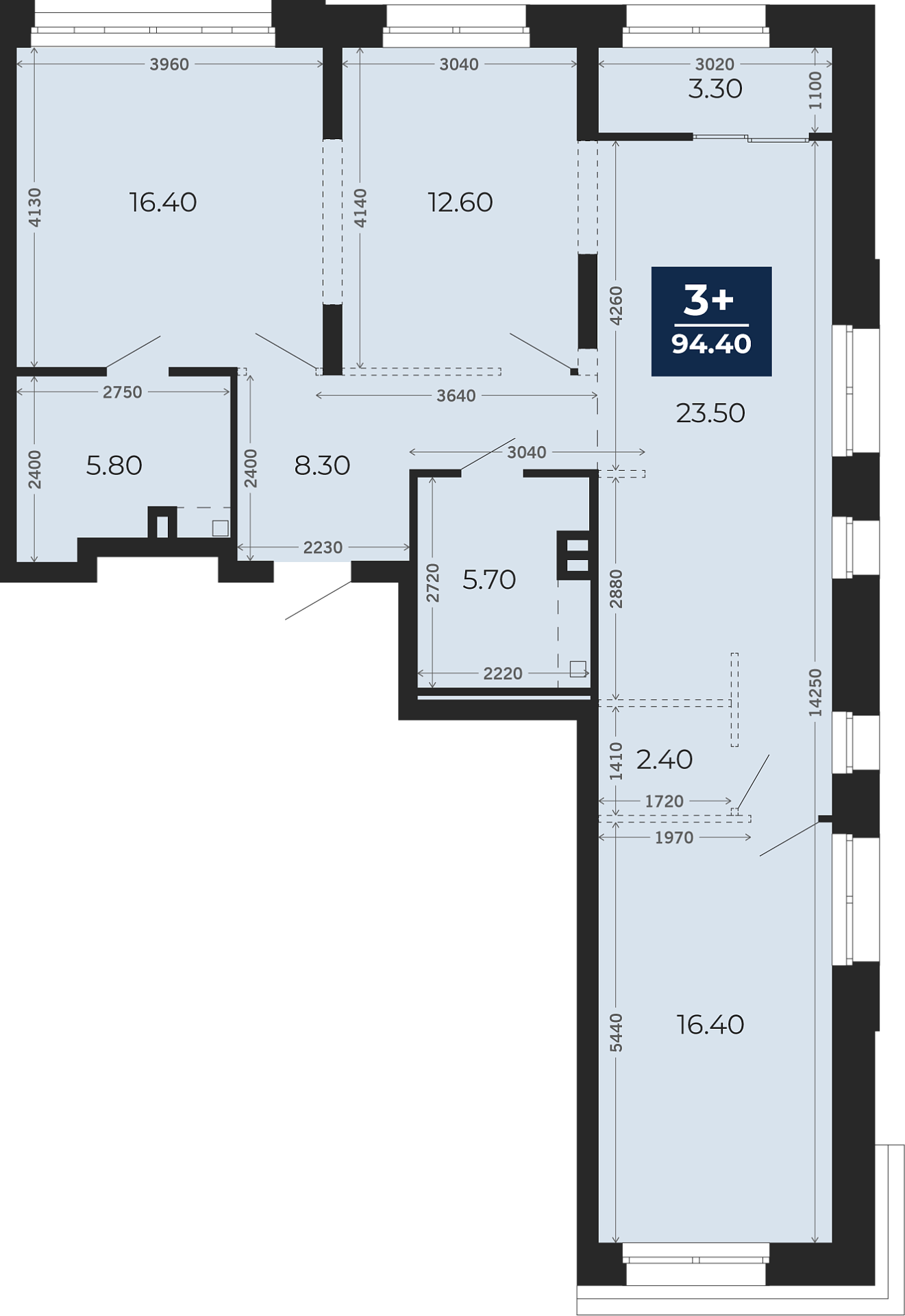 Квартира № 357, 3-комнатная, 94.4 кв. м, 2 этаж