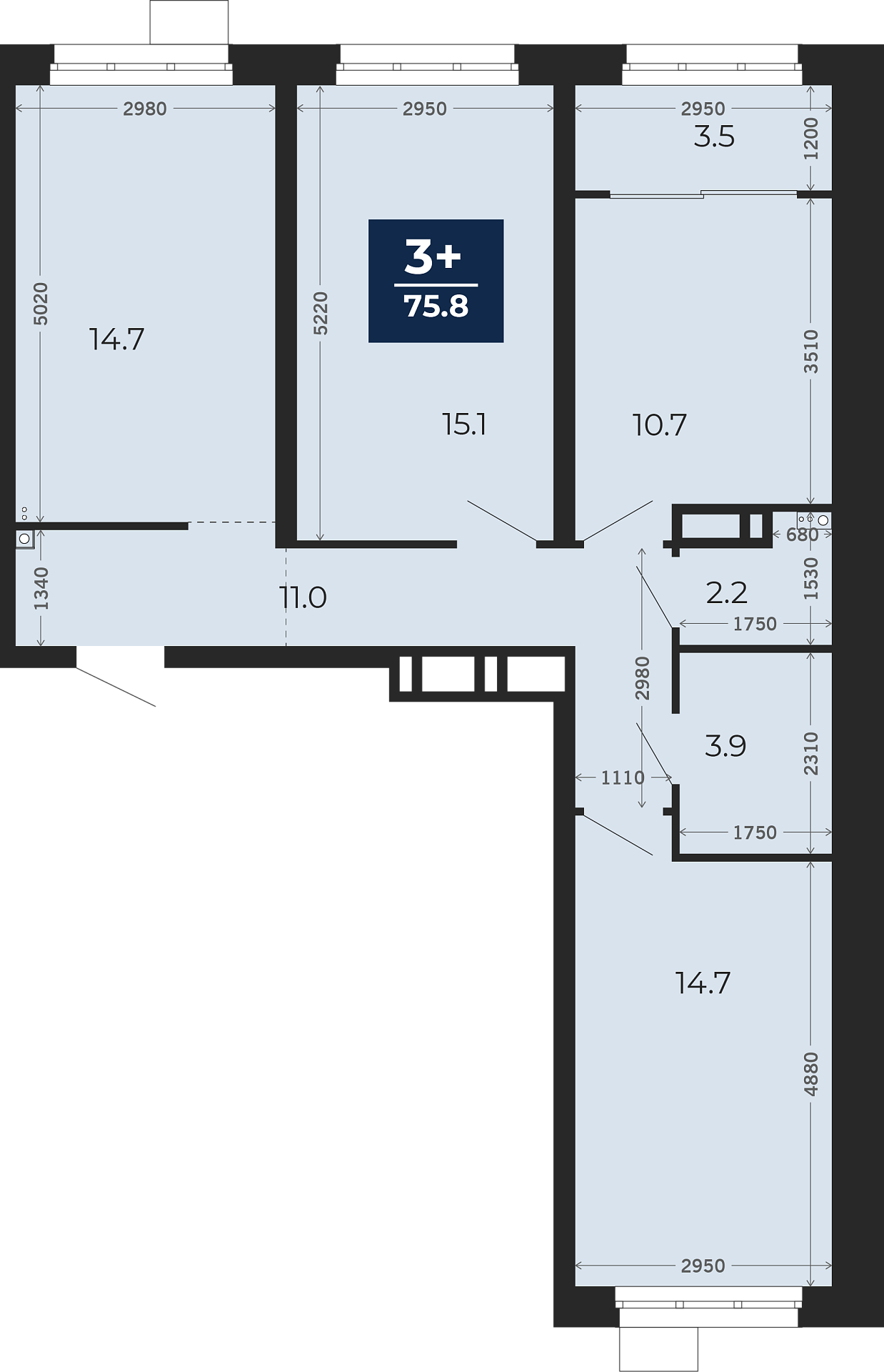 Квартира № 43, 3-комнатная, 77.31 кв. м, 10 этаж