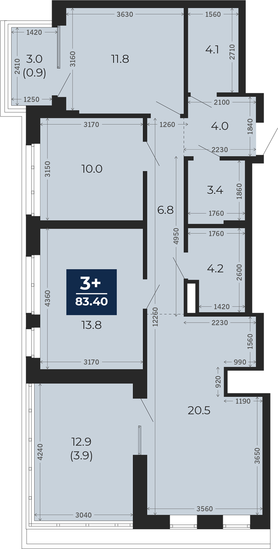 Квартира № 190, 3-комнатная, 83.4 кв. м, 10 этаж