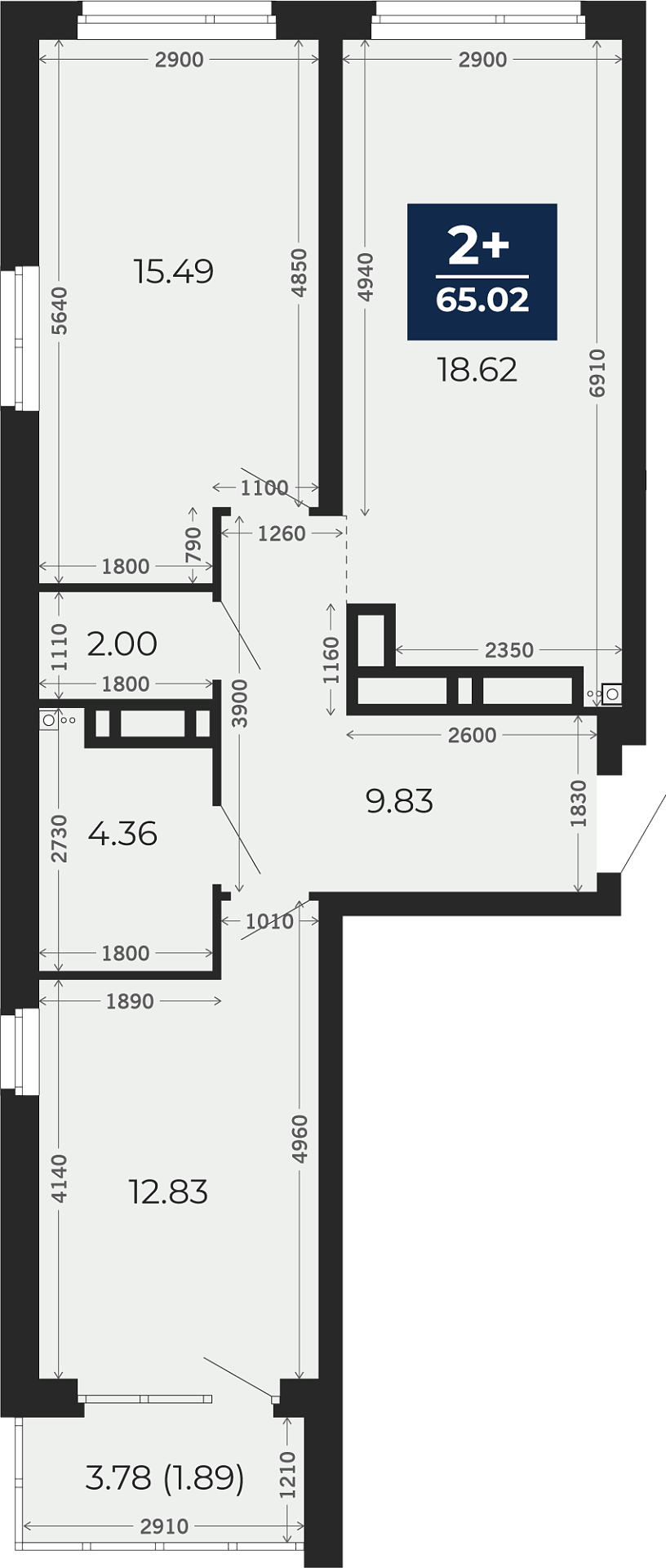 Квартира № 309, 2-комнатная, 65.02 кв. м, 21 этаж