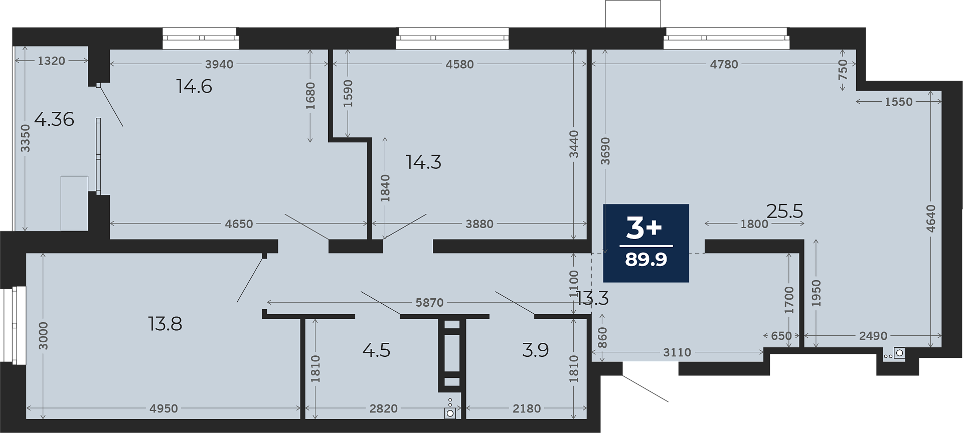Квартира № 405, 3-комнатная, 95.89 кв. м, 14 этаж