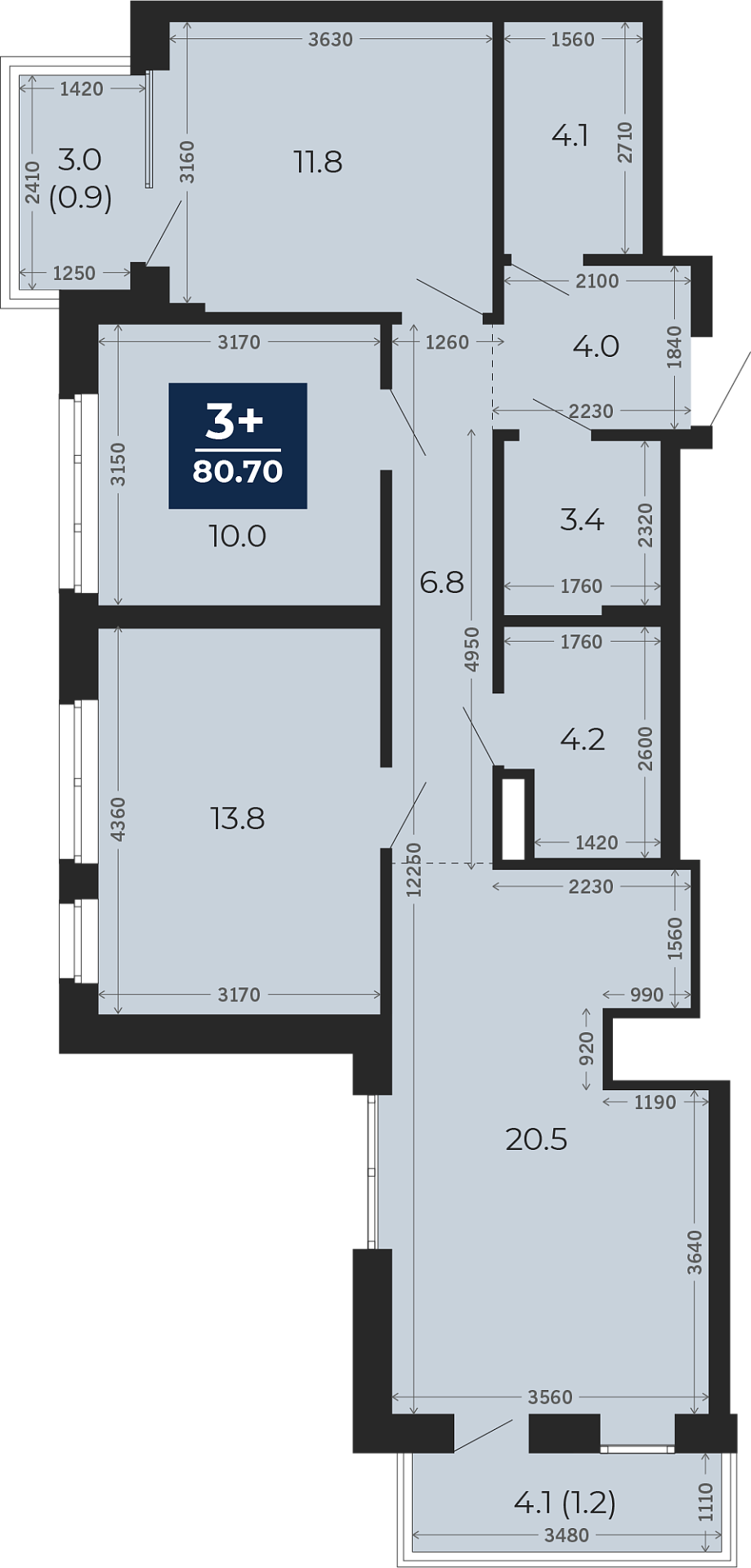 Квартира № 206, 3-комнатная, 80.7 кв. м, 12 этаж