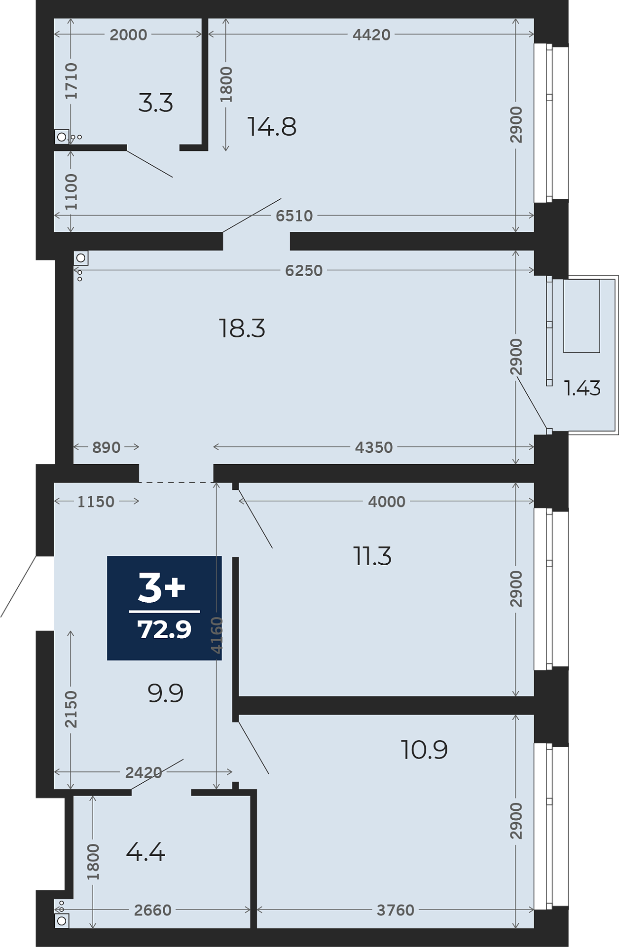 Квартира № 383, 3-комнатная, 75.58 кв. м, 11 этаж