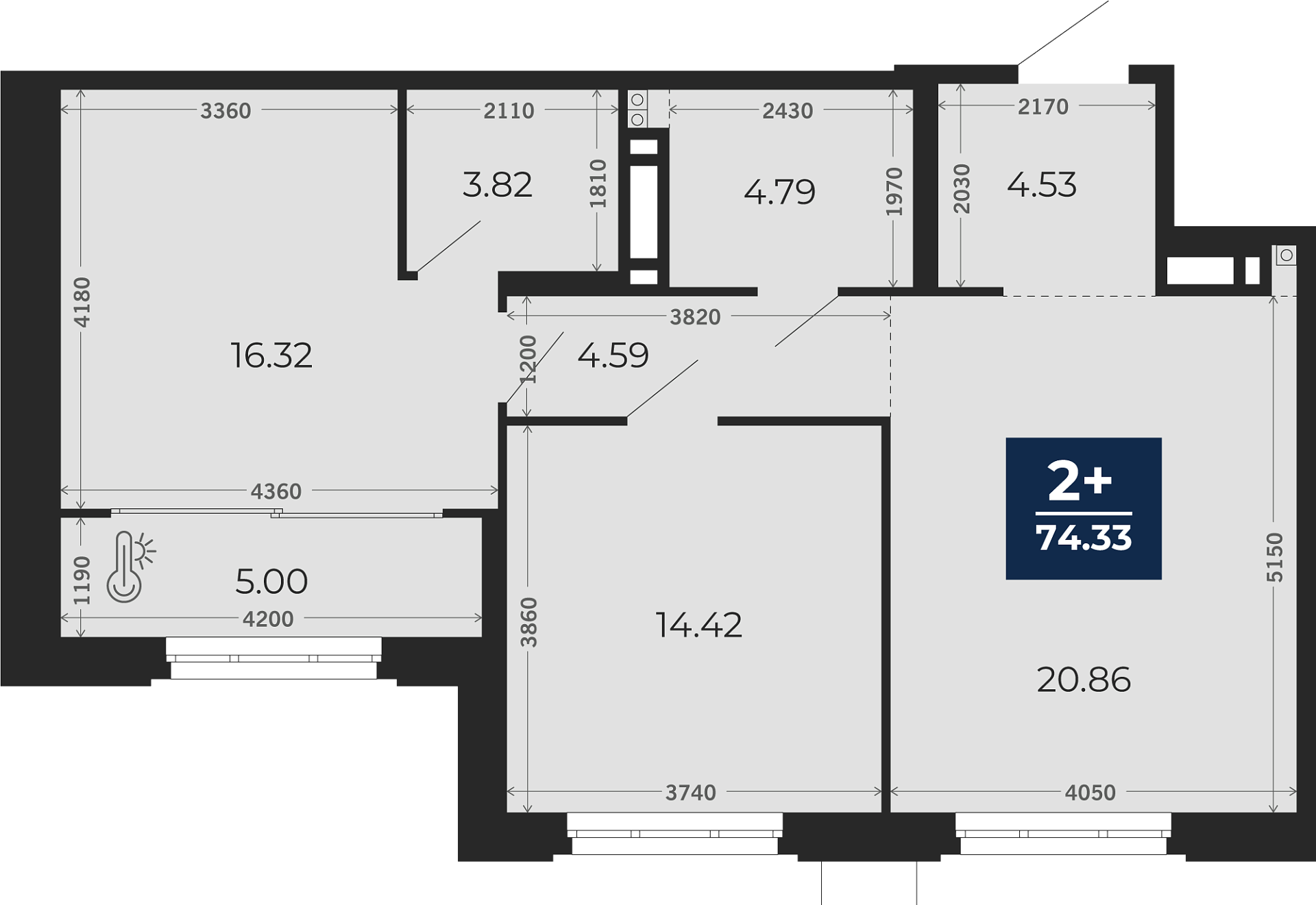 Квартира № 289, 2-комнатная, 74.33 кв. м, 2 этаж