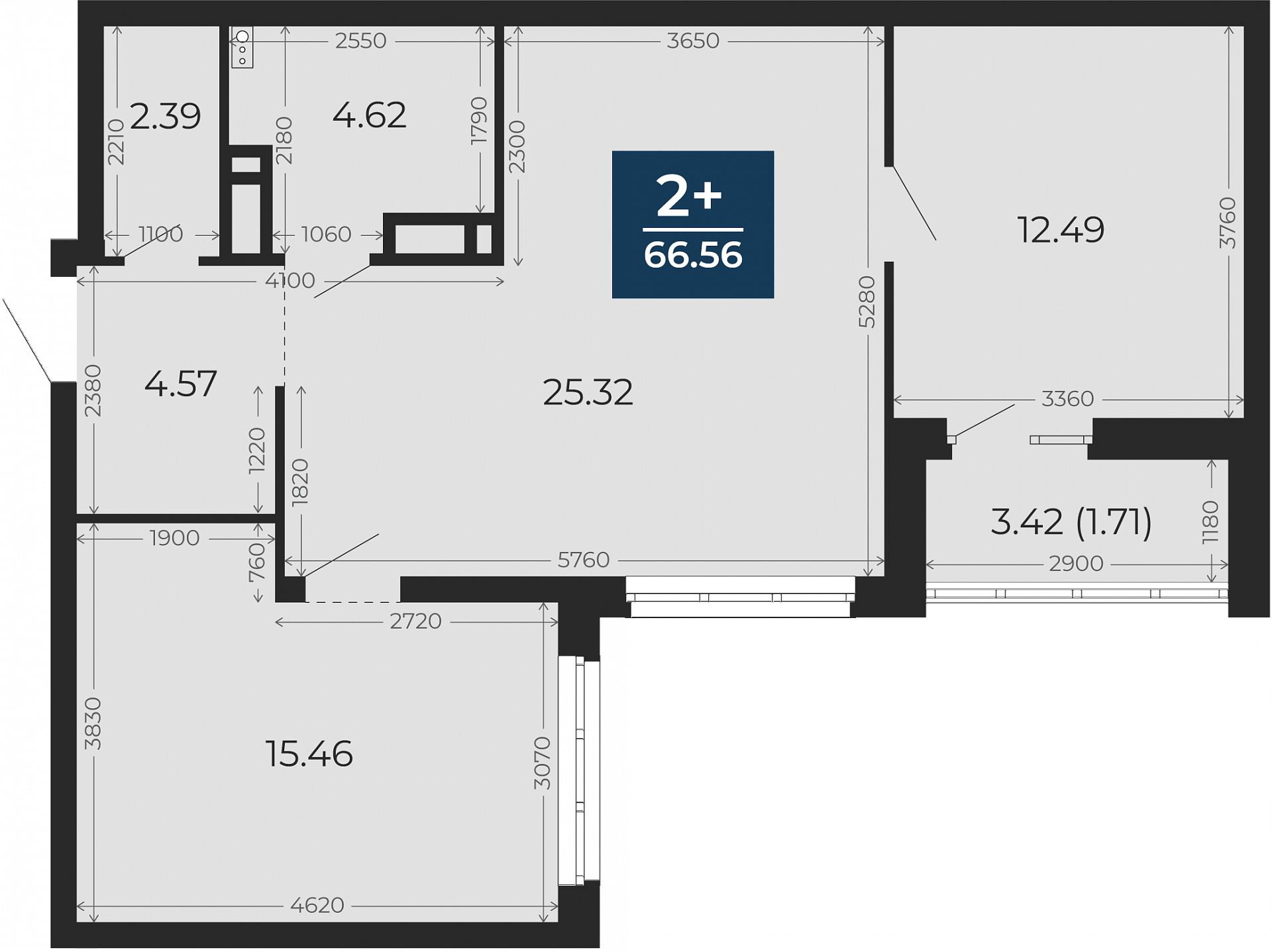 Квартира № 119, 2-комнатная, 66.56 кв. м, 12 этаж