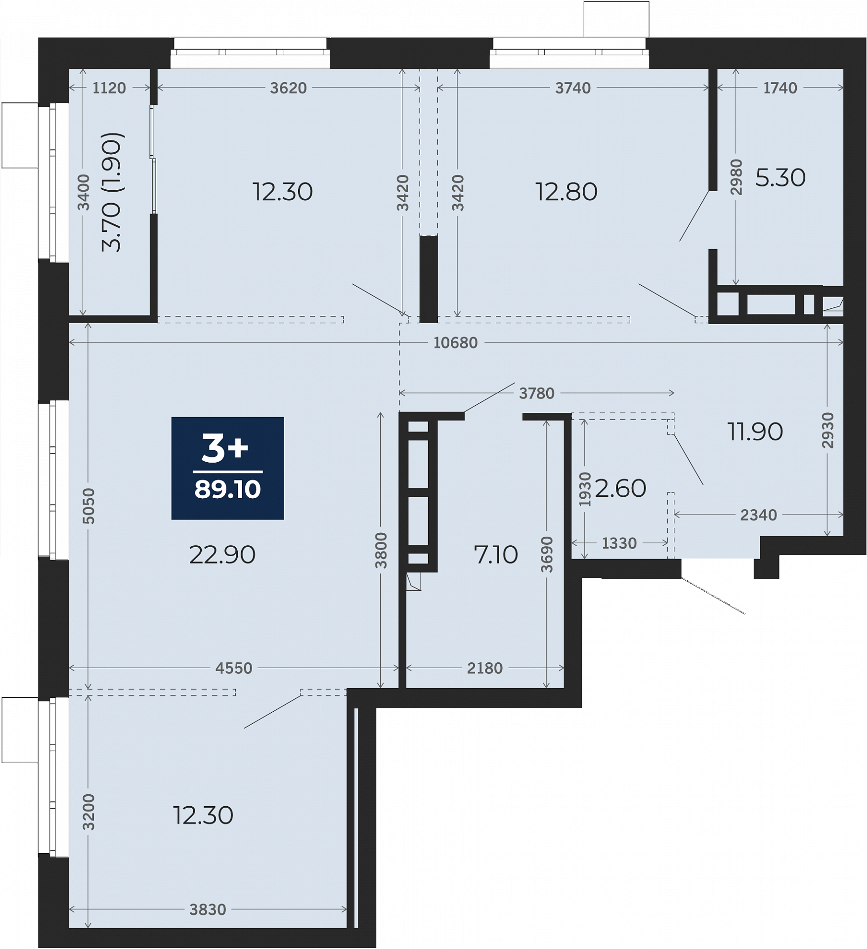 Квартира № 83, 3-комнатная, 89.1 кв. м, 13 этаж
