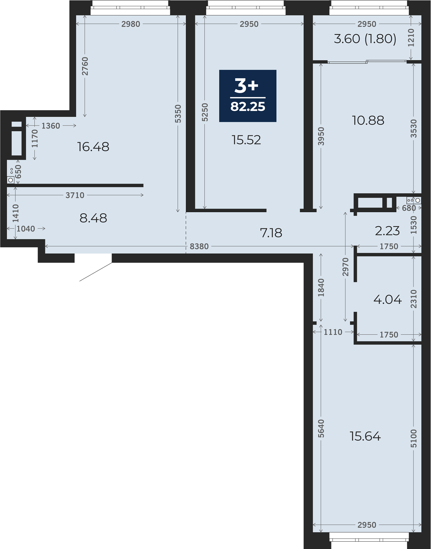 Квартира № 566, 3-комнатная, 82.25 кв. м, 5 этаж