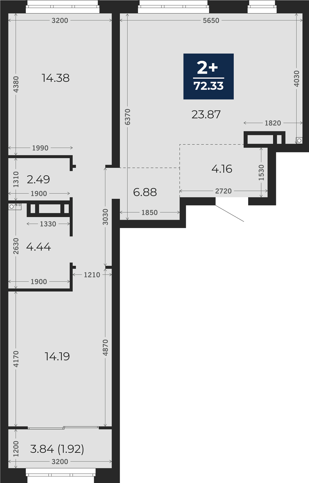 Квартира № 466, 2-комнатная, 72.33 кв. м, 7 этаж