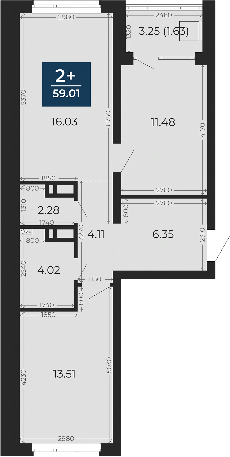 Квартира № 310, 2-комнатная, 59.01 кв. м, 7 этаж