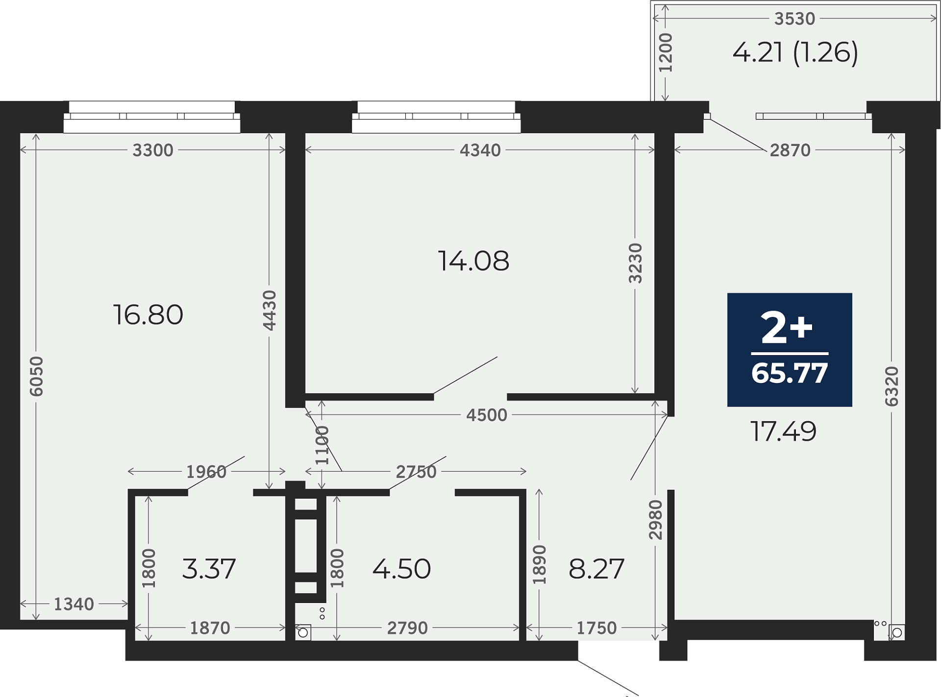 Квартира № 212, 2-комнатная, 68.72 кв. м, 16 этаж