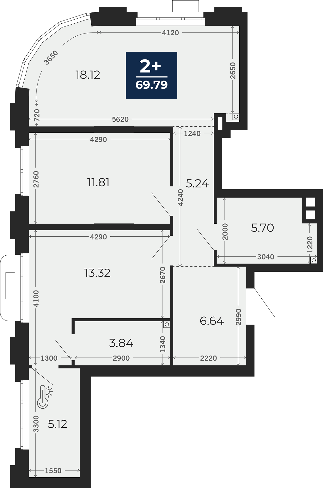 Квартира № 391, 2-комнатная, 69.79 кв. м, 2 этаж