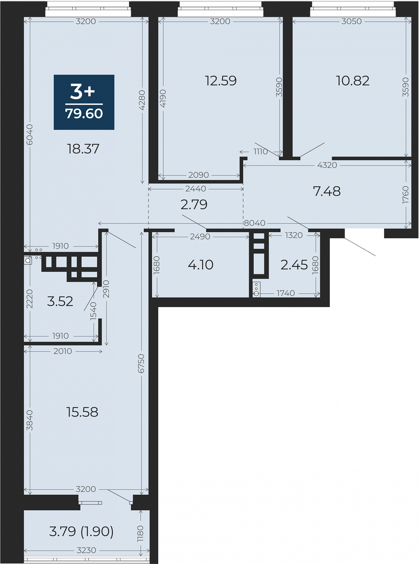 Квартира № 204, 3-комнатная, 79.6 кв. м, 12 этаж