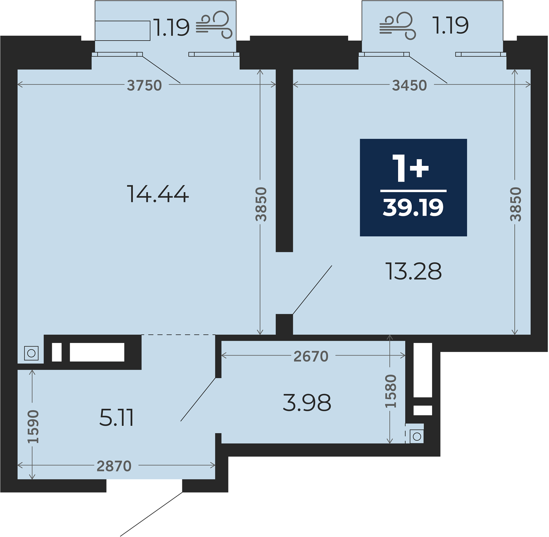 Квартира № 310, 1-комнатная, 39.19 кв. м, 5 этаж