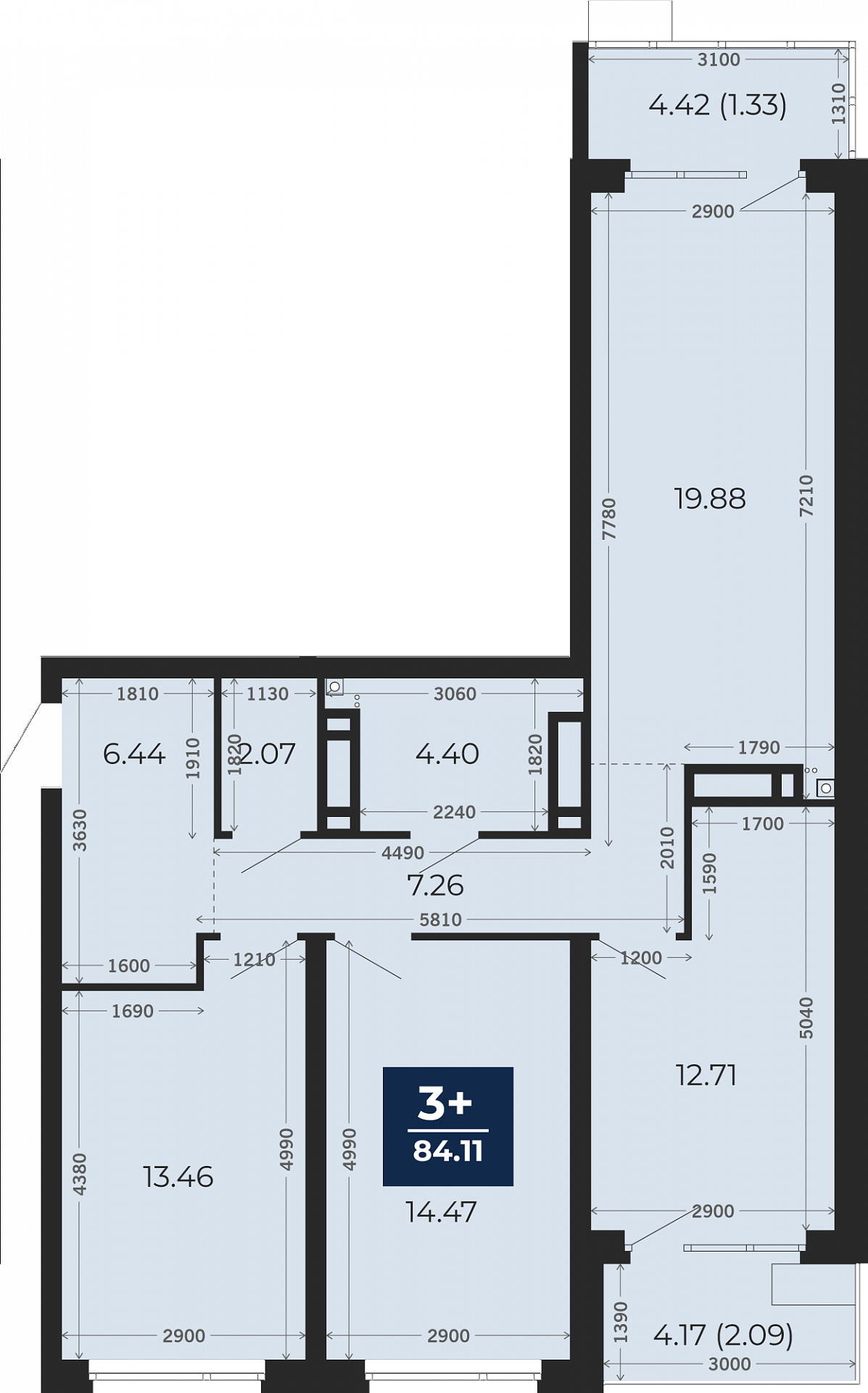 Квартира № 315, 3-комнатная, 89.28 кв. м, 21 этаж