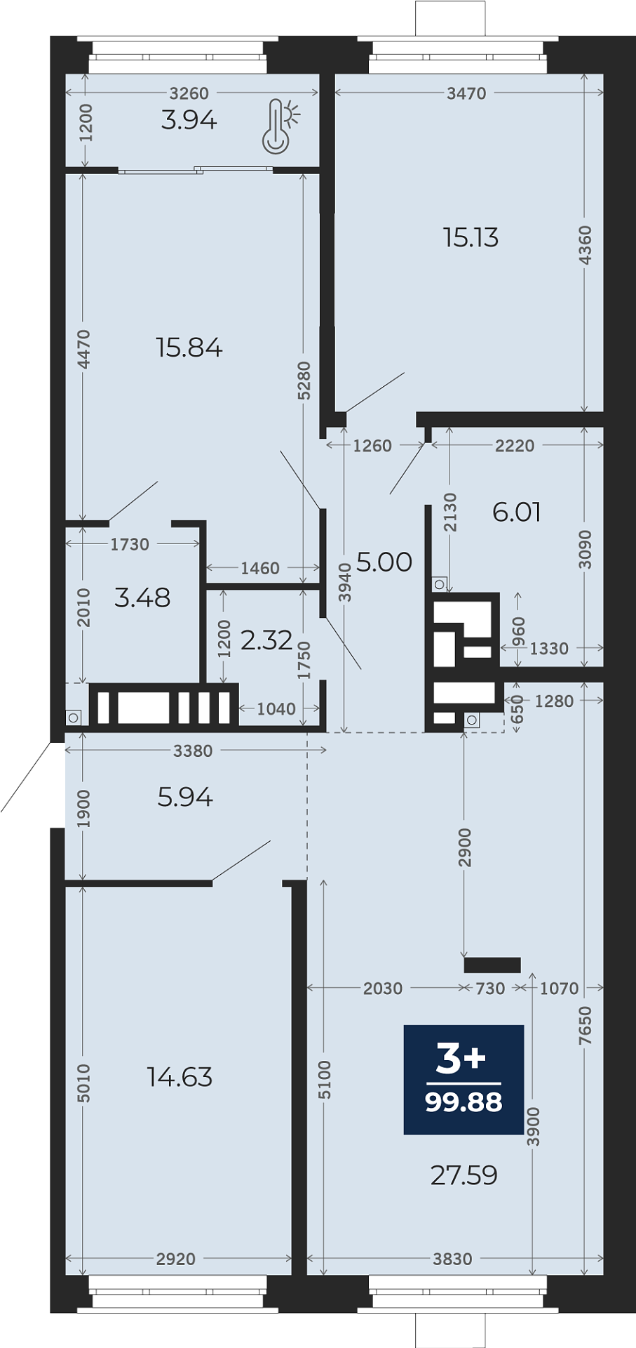 Квартира № 93, 3-комнатная, 99.88 кв. м, 3 этаж