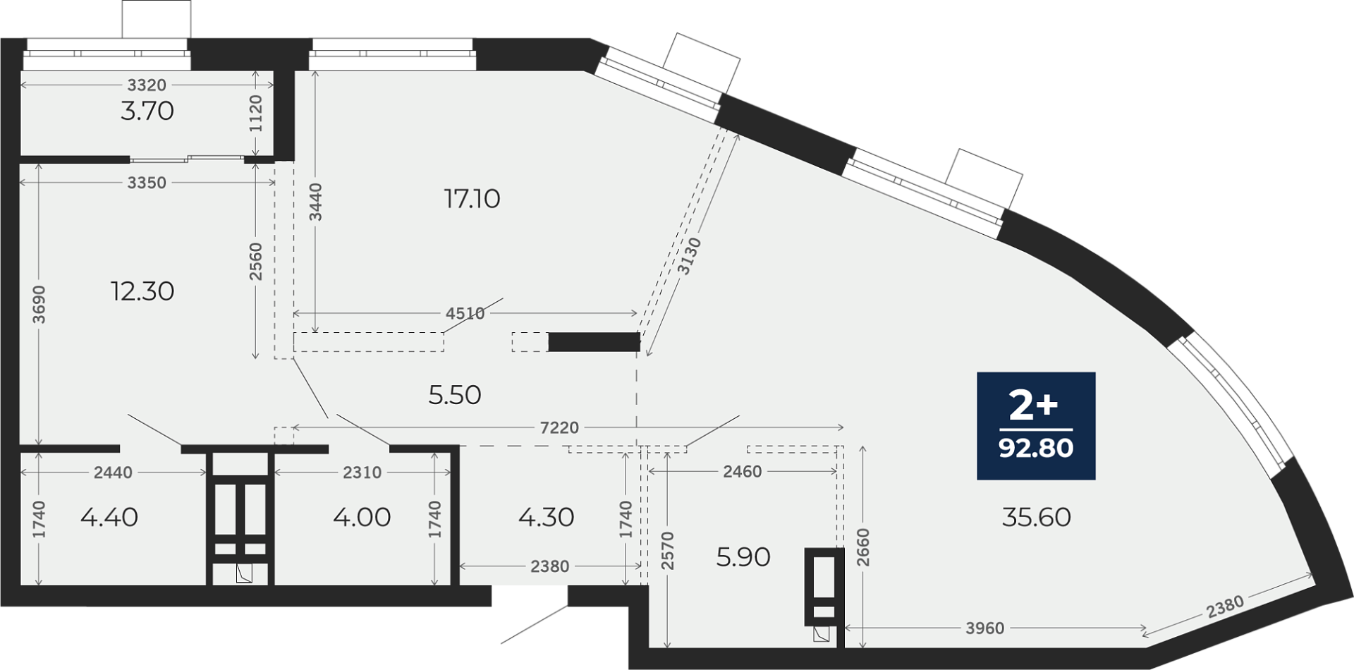 Квартира № 16, 2-комнатная, 92.8 кв. м, 4 этаж