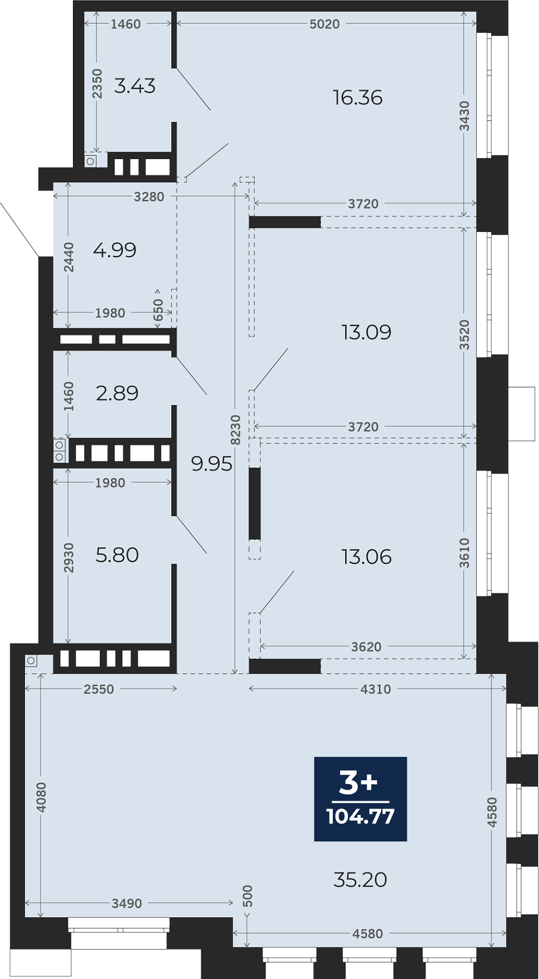 Квартира № 465, 3-комнатная, 104.77 кв. м, 3 этаж