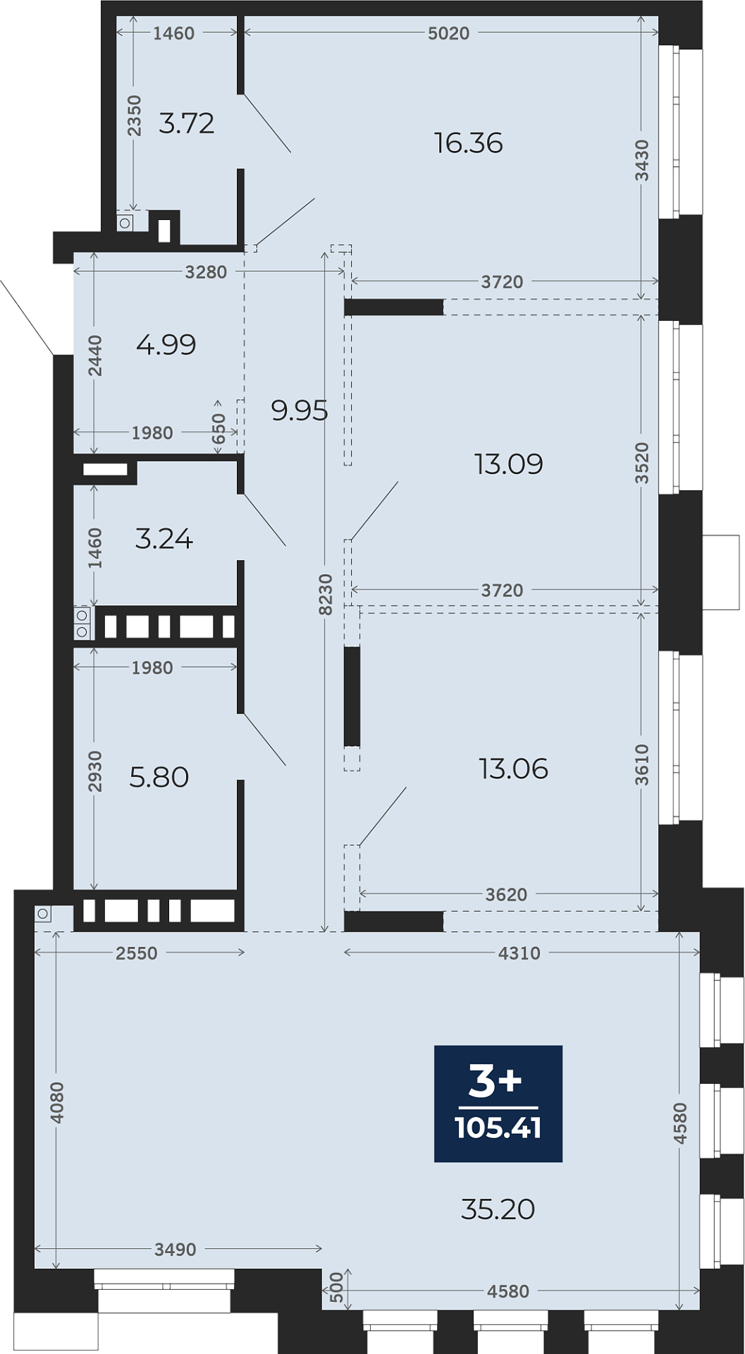 Квартира № 460, 3-комнатная, 105.41 кв. м, 2 этаж