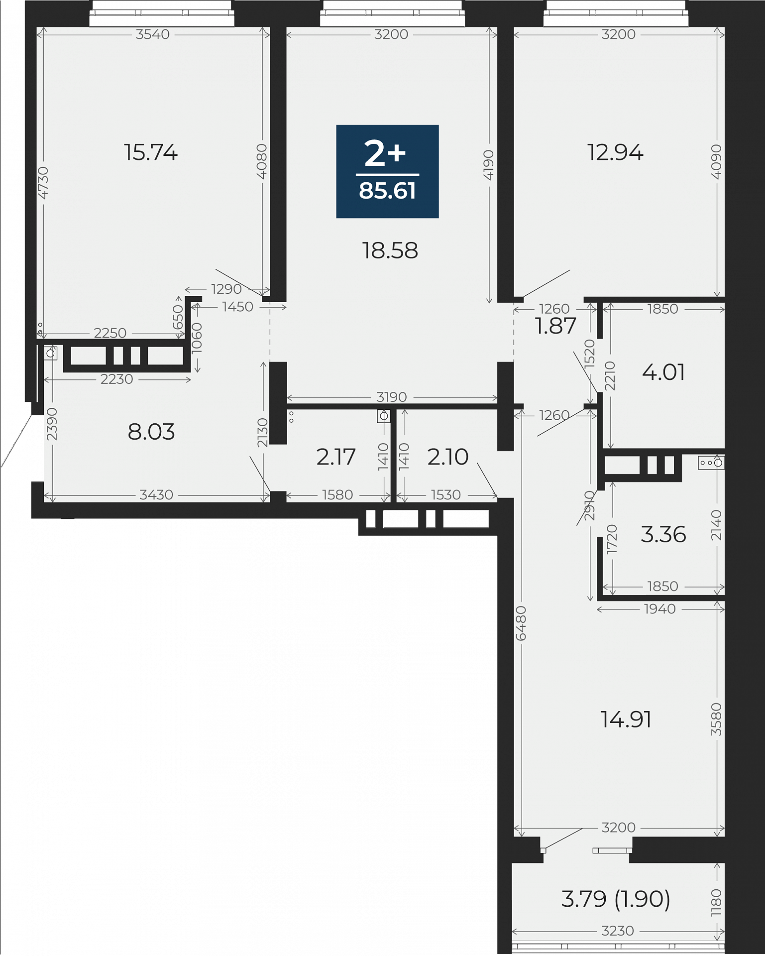 Квартира № 189, 2-комнатная, 85.61 кв. м, 9 этаж