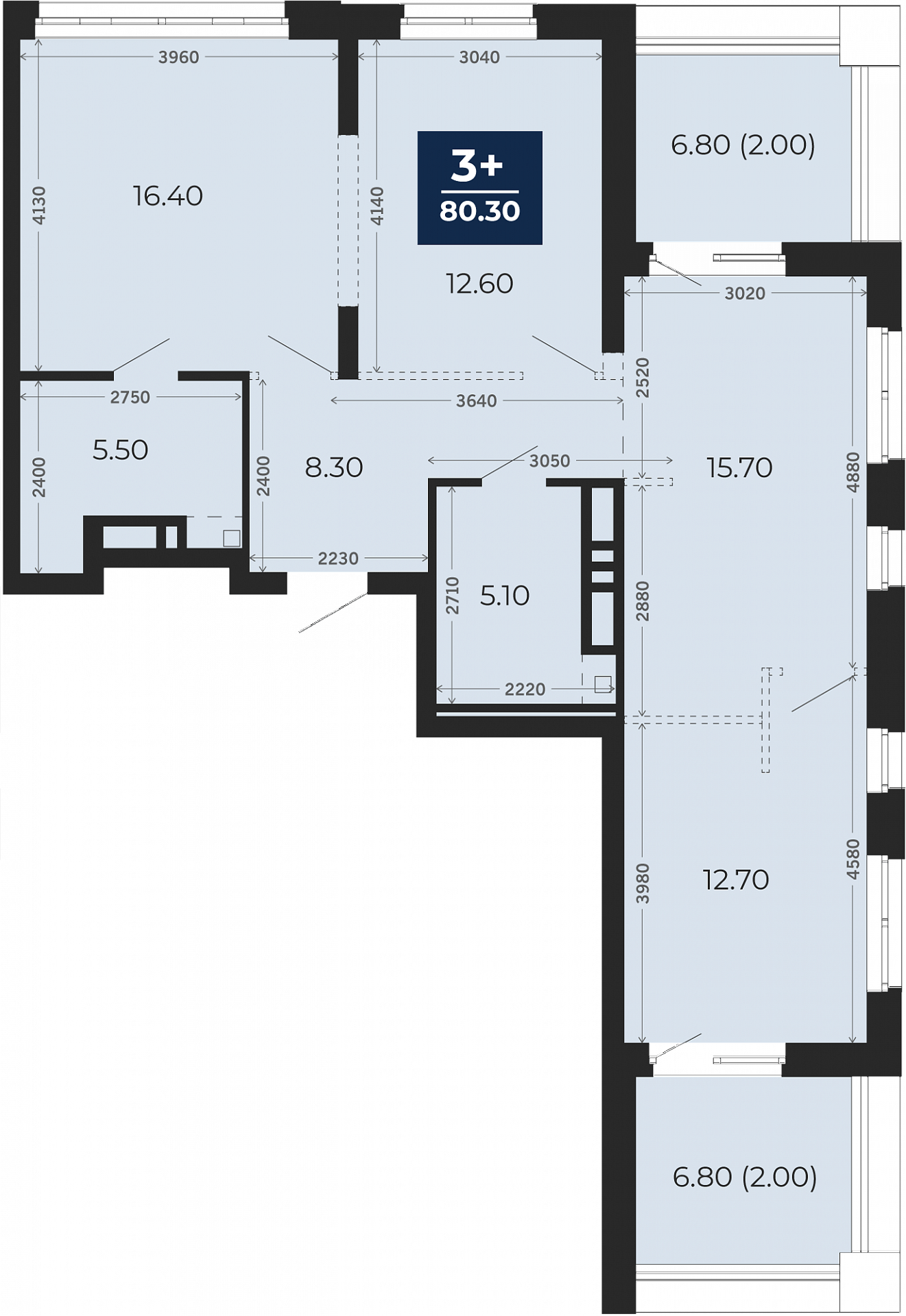 Квартира № 412, 3-комнатная, 80.3 кв. м, 13 этаж