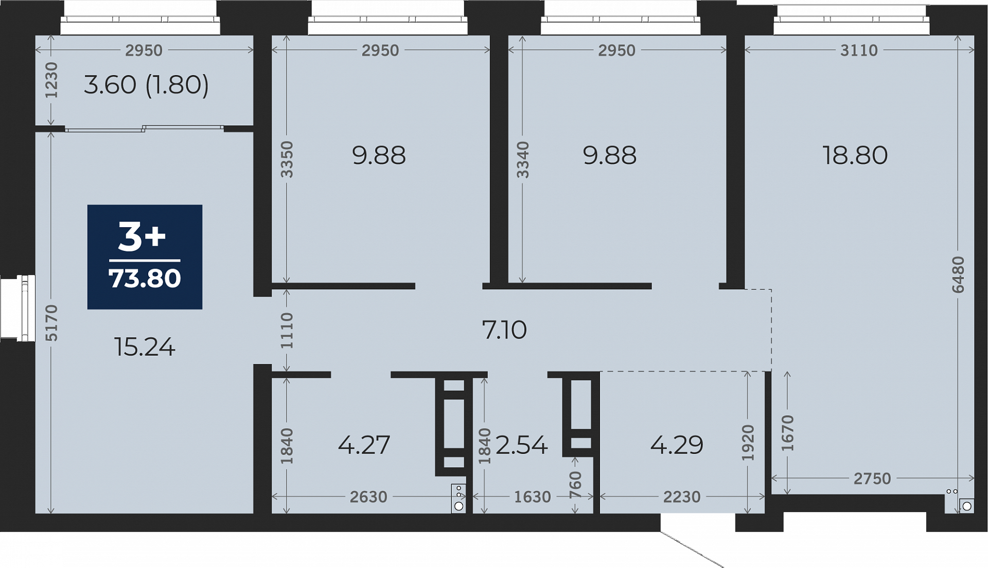 Квартира № 560, 3-комнатная, 73.8 кв. м, 3 этаж