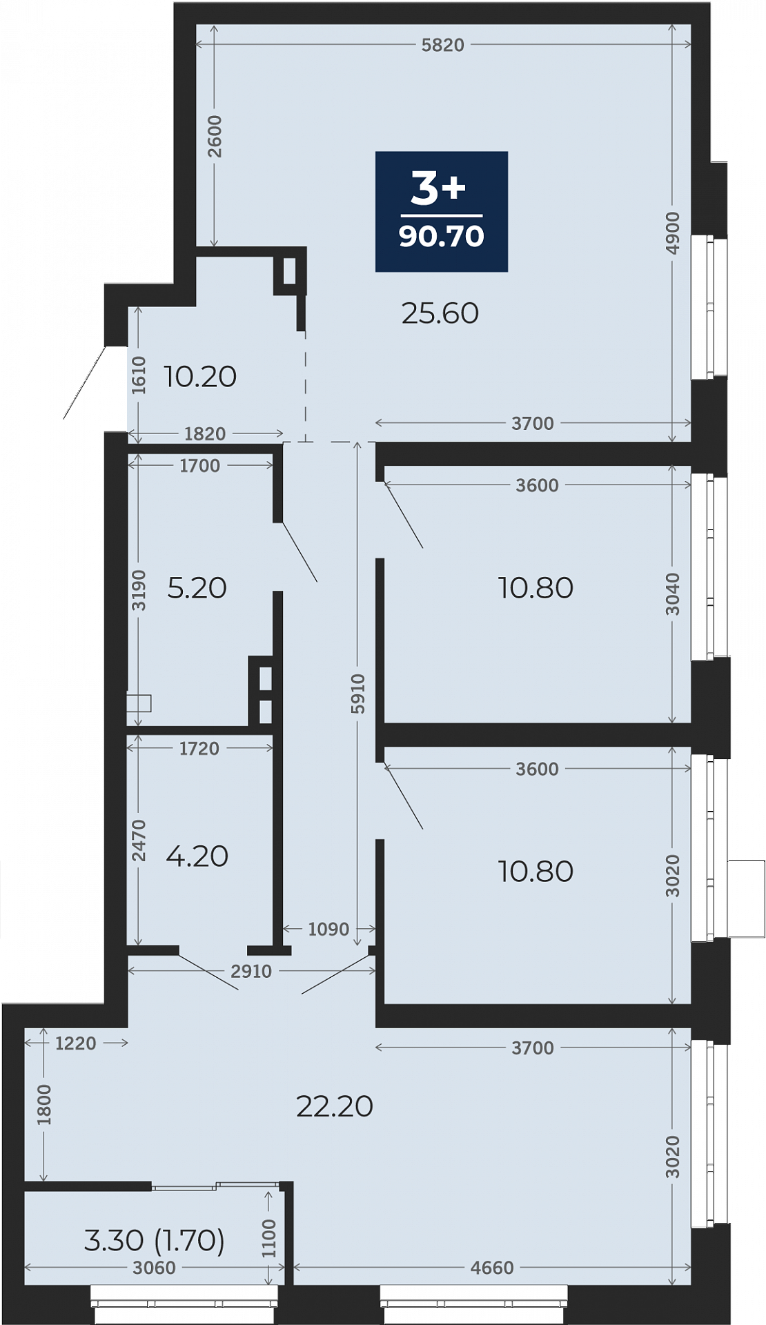 Квартира № 96, 3-комнатная, 90.7 кв. м, 2 этаж