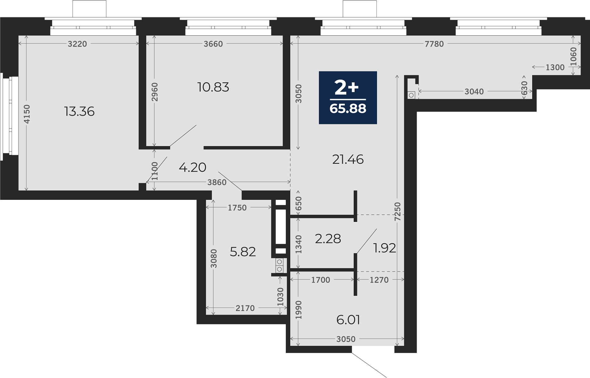 Квартира № 101, 2-комнатная, 65.88 кв. м, 3 этаж