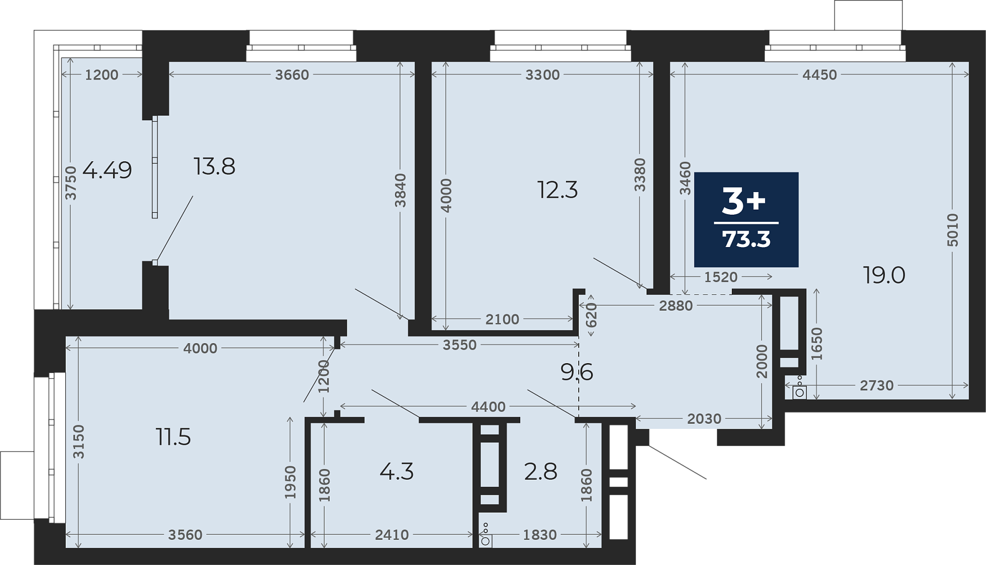 Квартира № 14, 3-комнатная, 79.12 кв. м, 3 этаж
