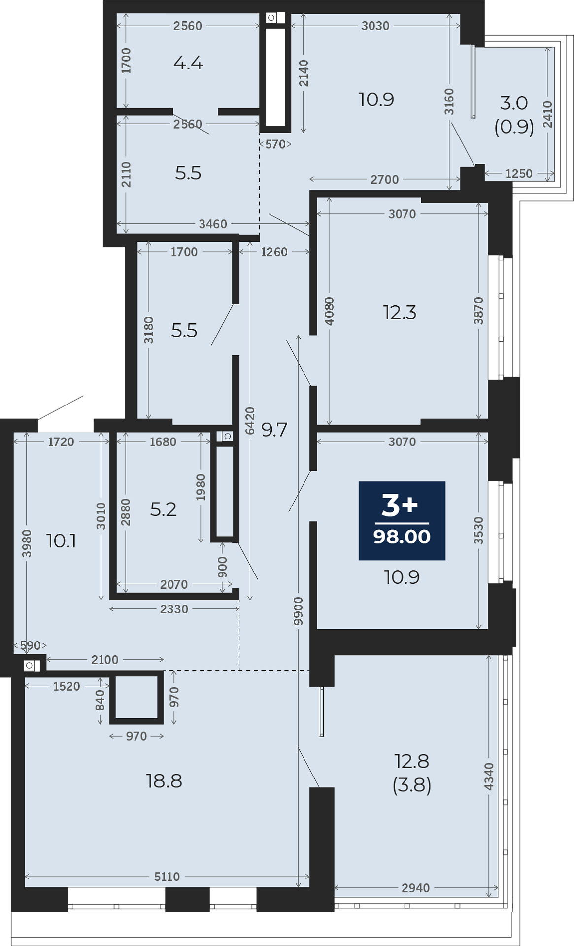 Квартира № 189, 3-комнатная, 98 кв. м, 10 этаж