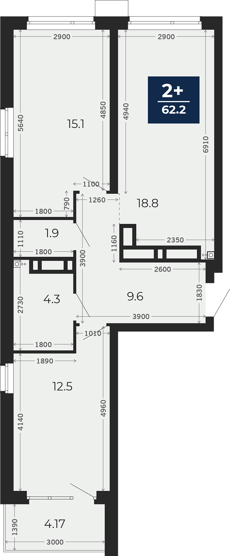 Квартира № 319, 2-комнатная, 67.3 кв. м, 22 этаж