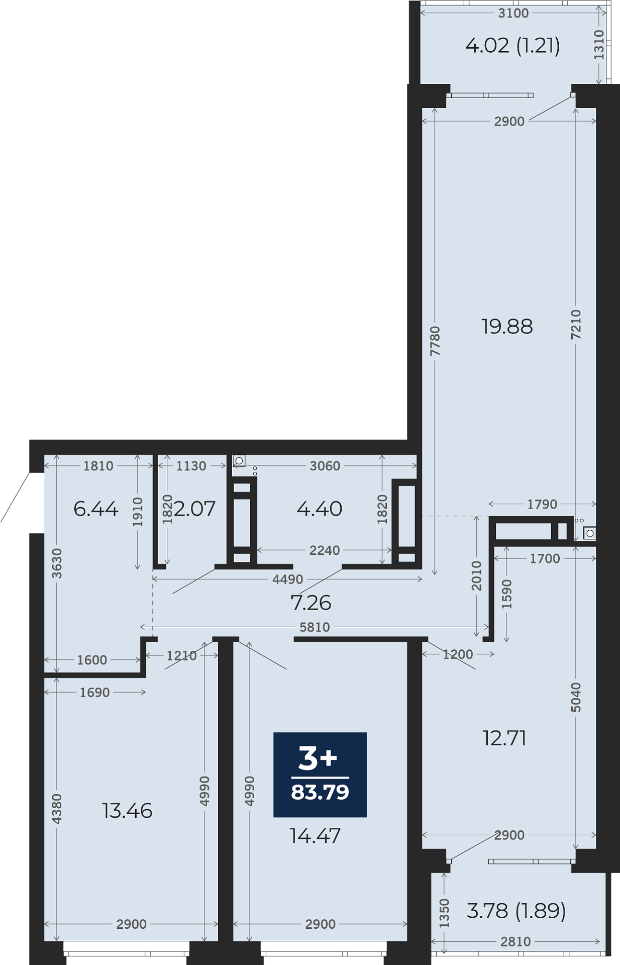 Квартира № 295, 3-комнатная, 88.49 кв. м, 19 этаж