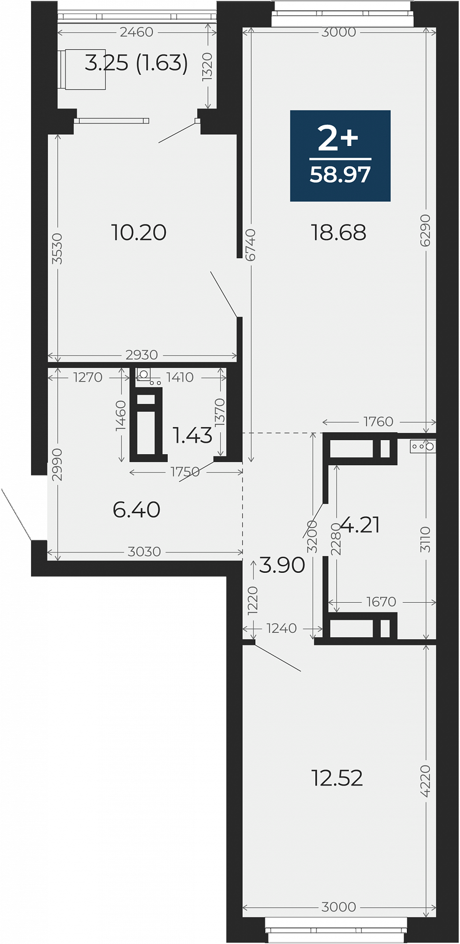 Квартира № 97, 2-комнатная, 58.97 кв. м, 9 этаж