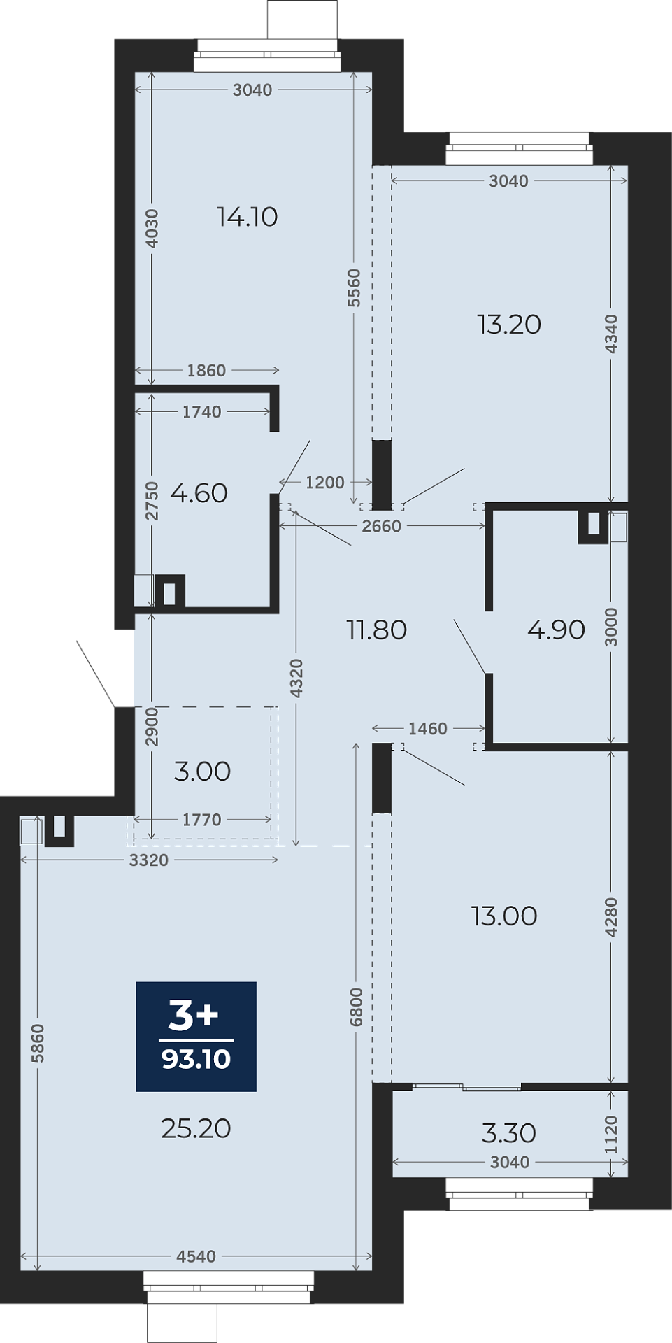 Квартира № 439, 3-комнатная, 93.1 кв. м, 2 этаж
