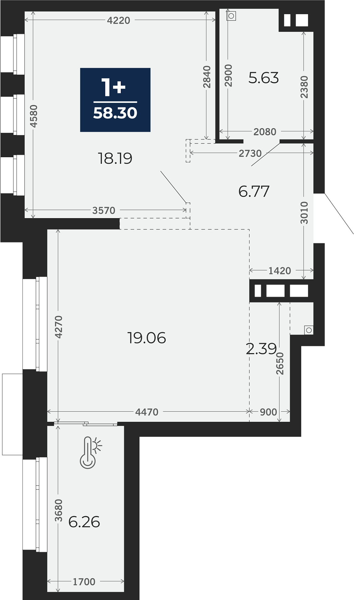 Квартира № 457, 2-комнатная, 58.3 кв. м, 2 этаж