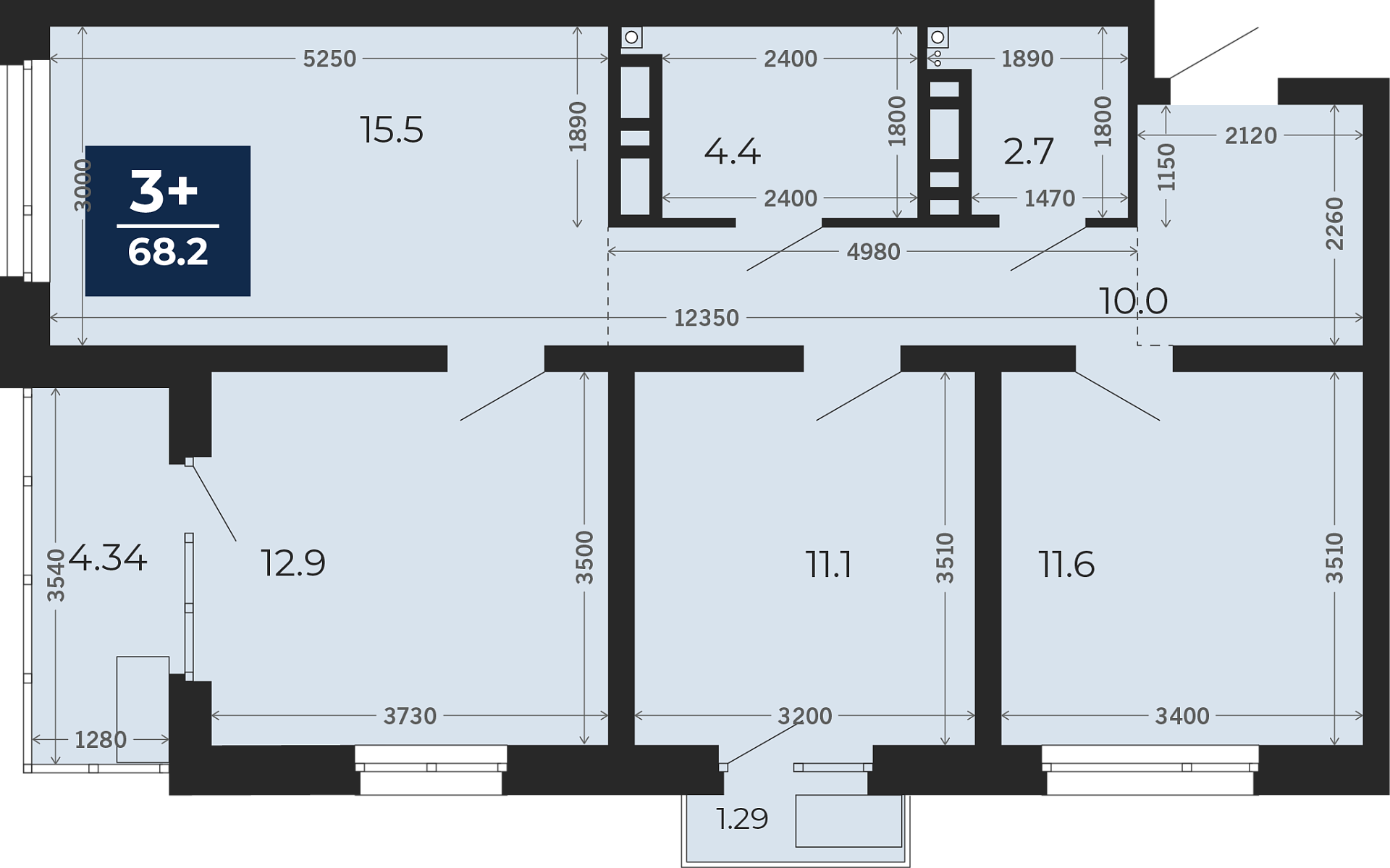 Квартира № 404, 3-комнатная, 75.19 кв. м, 14 этаж