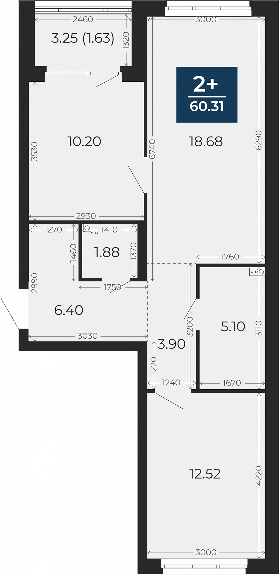 Квартира № 48, 2-комнатная, 60.31 кв. м, 2 этаж