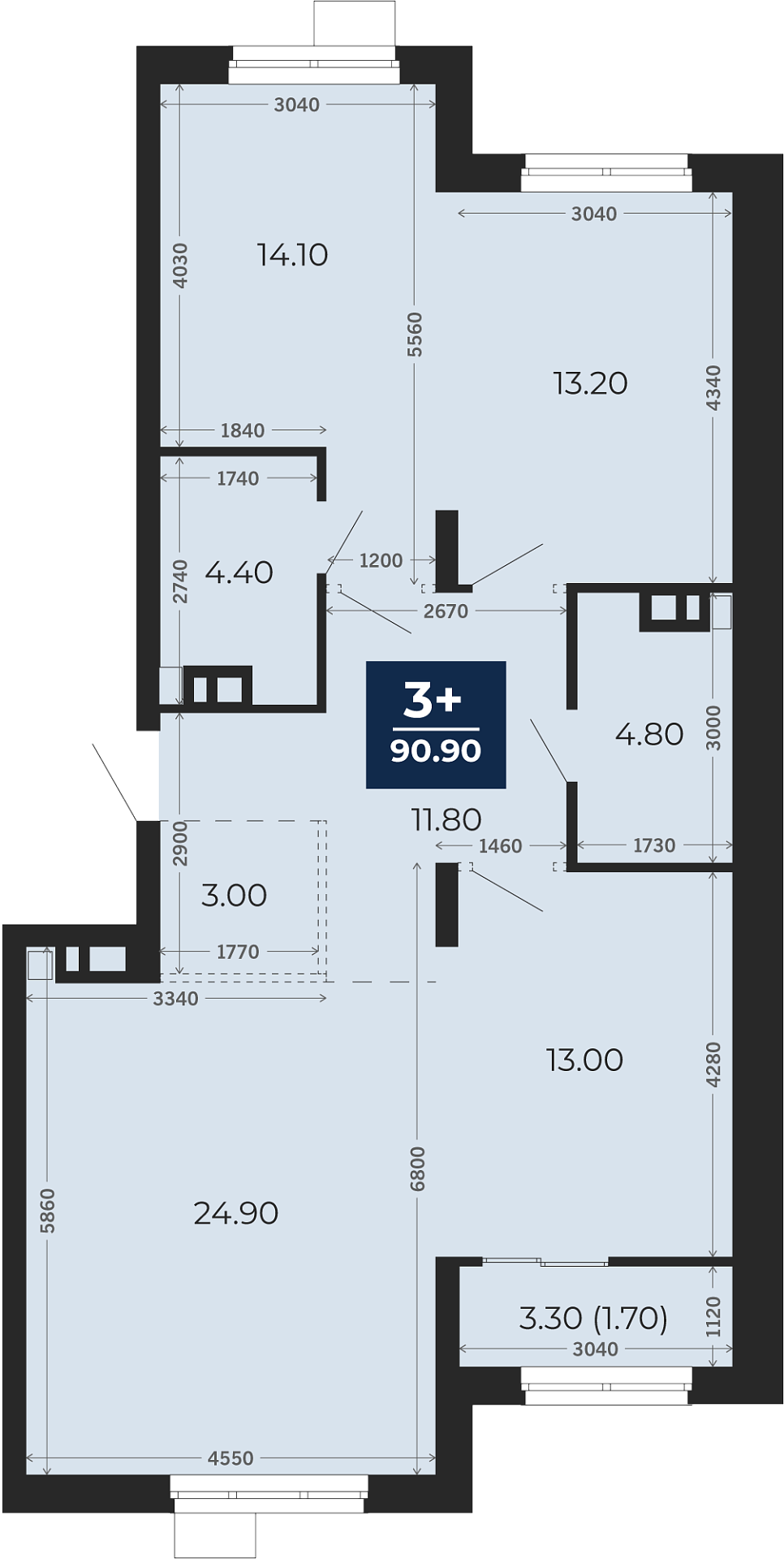 Квартира № 466, 3-комнатная, 90.9 кв. м, 9 этаж