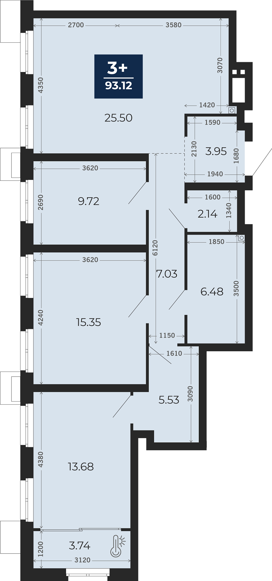 Квартира № 44, 3-комнатная, 93.12 кв. м, 2 этаж